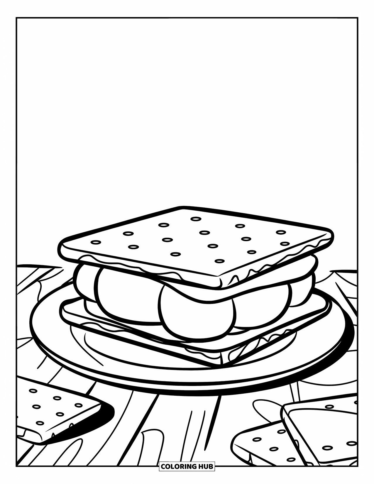 Smore Coloring Page for Kids: Stacked s'more on a plate with extra crackers