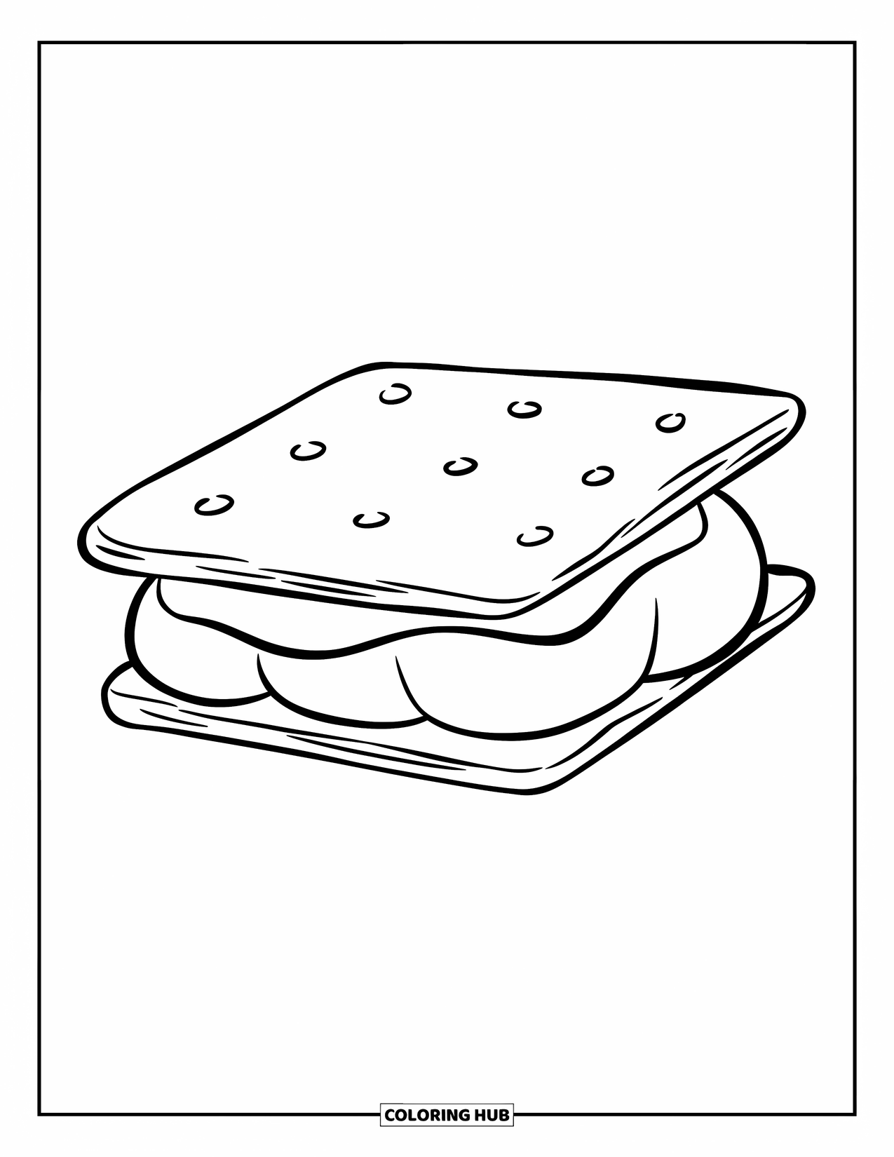 Smore Coloring Page for Kids: Stacked s'more on a stick with marshmallow peeking out