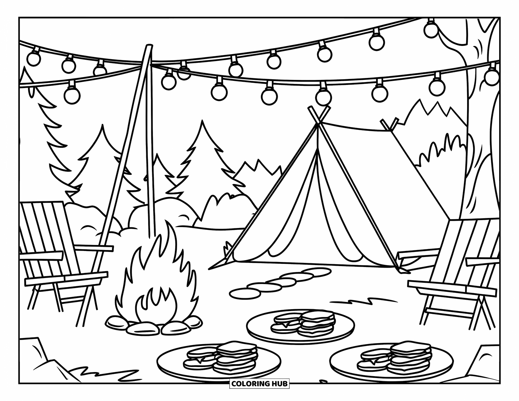 Smore Coloring Page for Kids: Tent and campfire with string lights, s'mores, and forest view
