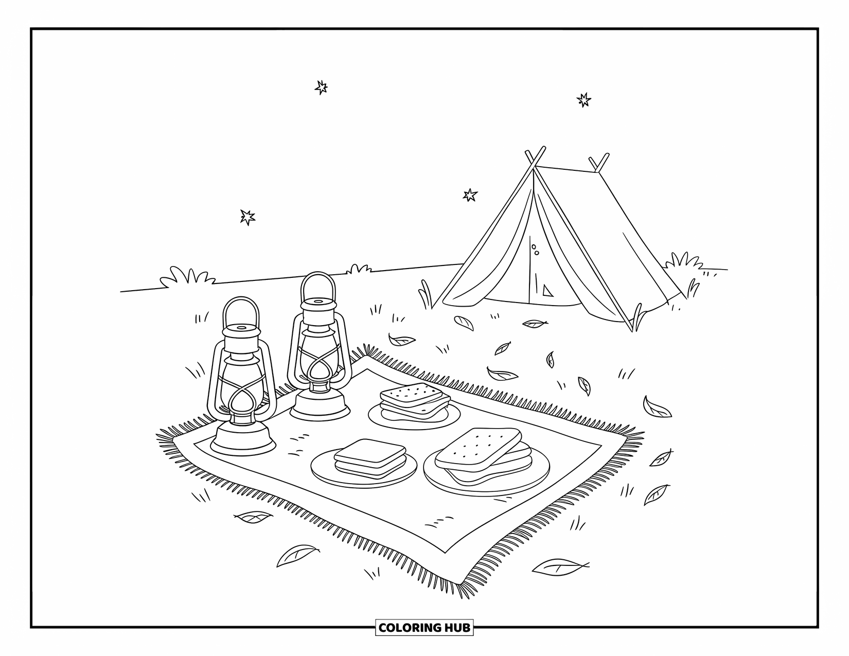 Smore Coloring Page for Kids: Tent and picnic blanket with s'mores and lantern light