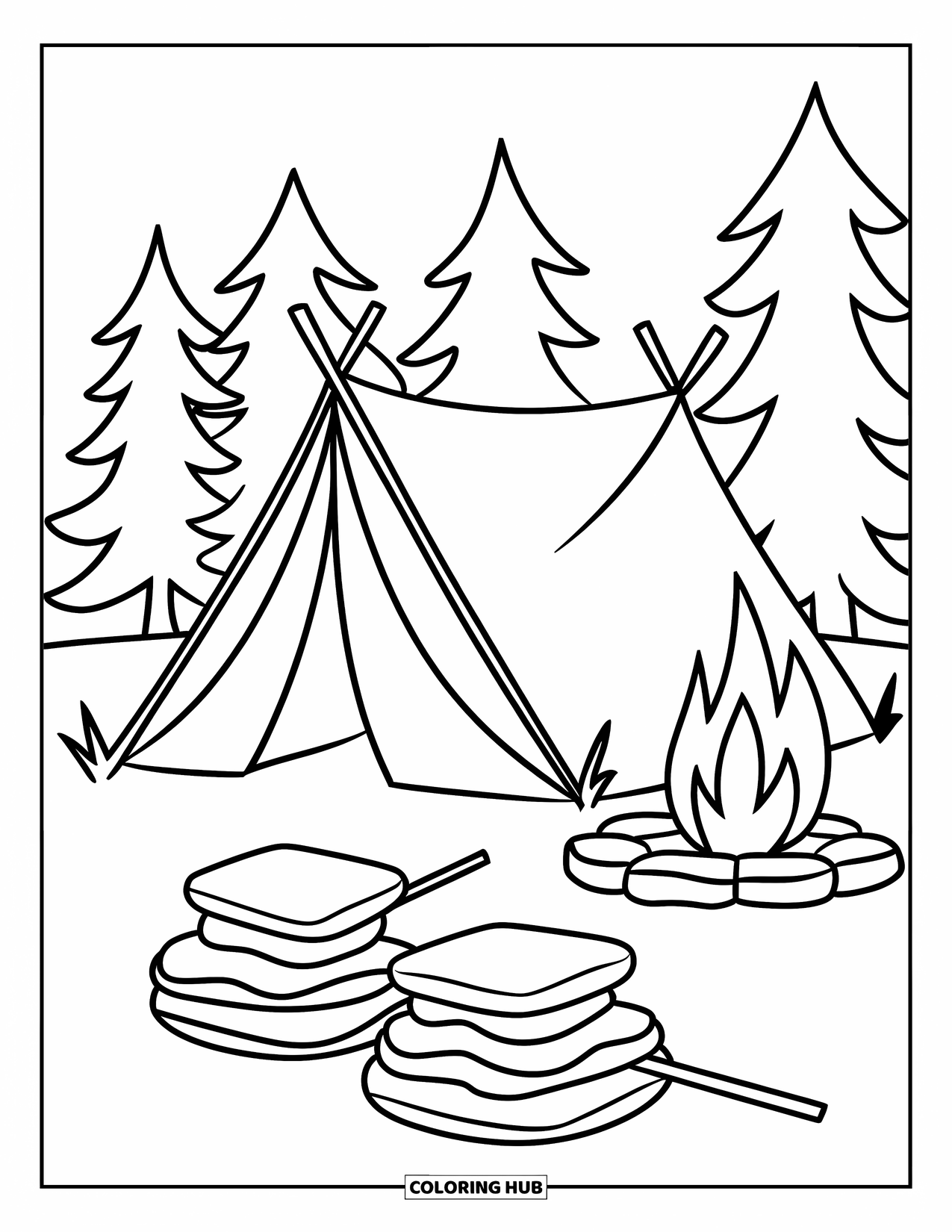 Smore Coloring Page for Kids: Tent and pine trees with s'mores on sticks