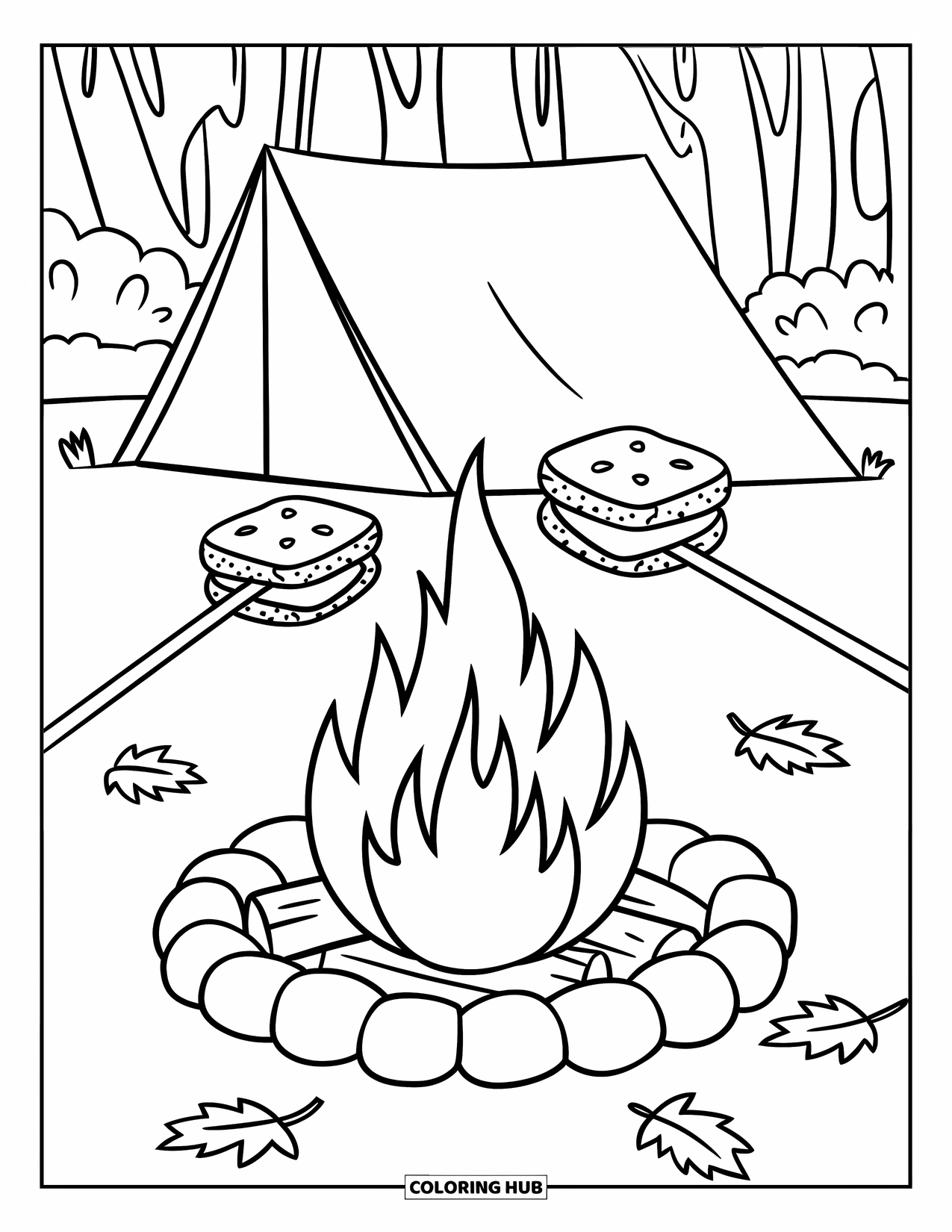 Smore Coloring Page for Kids: Tent campfire with two s'mores roasting on sticks