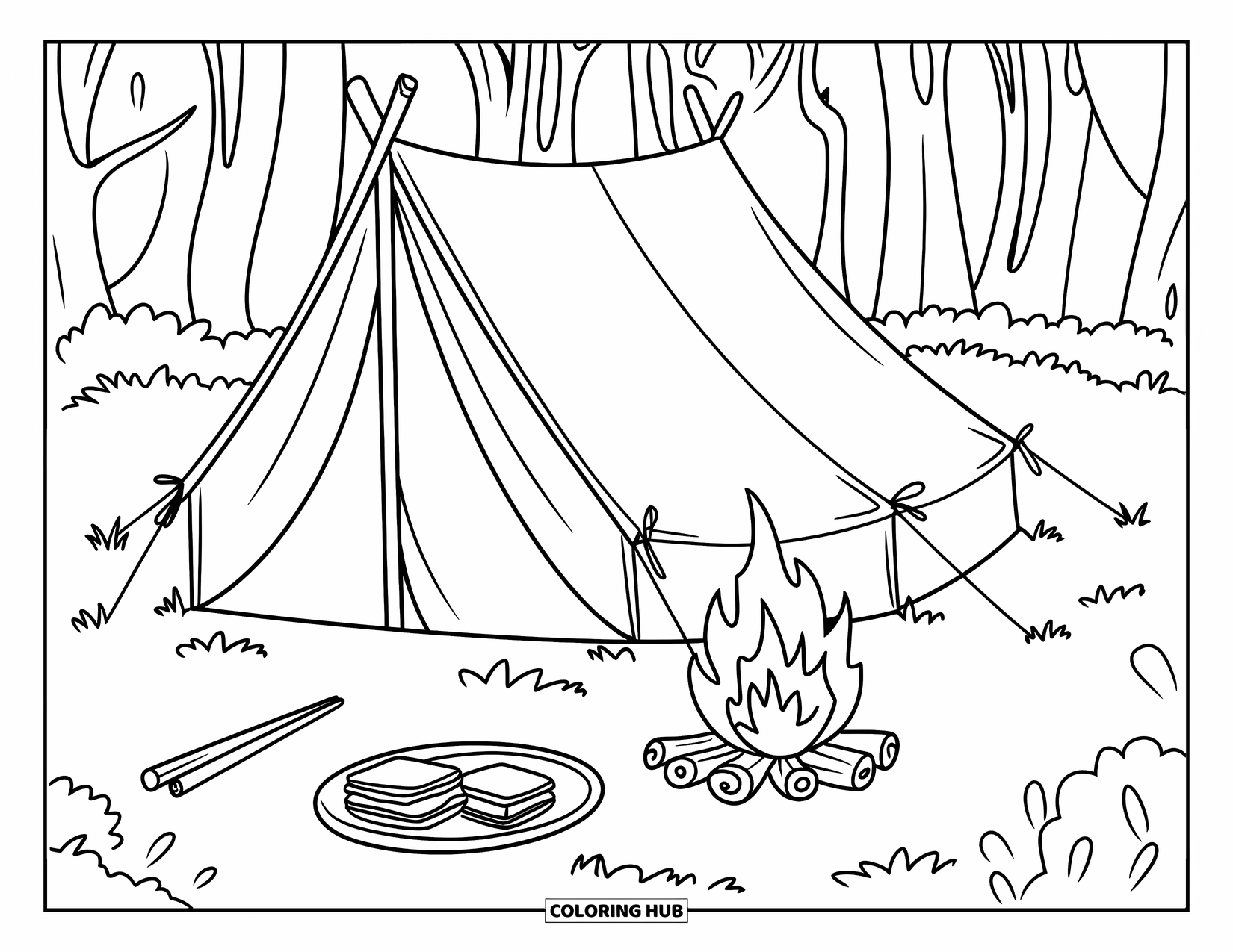 Smore Coloring Page for Kids: Tent with campfire, tripod, and plate of s'mores