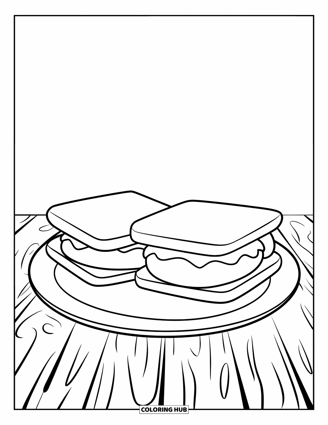 Smore Coloring Page for Kids: Three s'mores on a plate on a wooden table