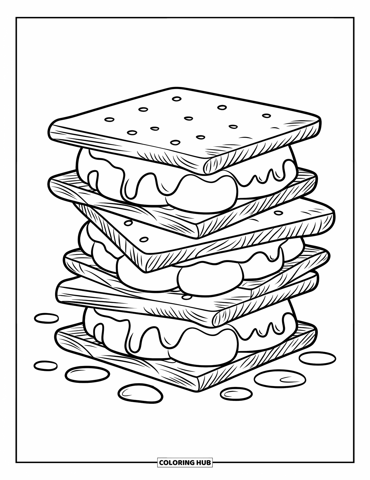 Smore Coloring Page for Kids: Three stacked s'mores with dripping marshmallow and chocolate