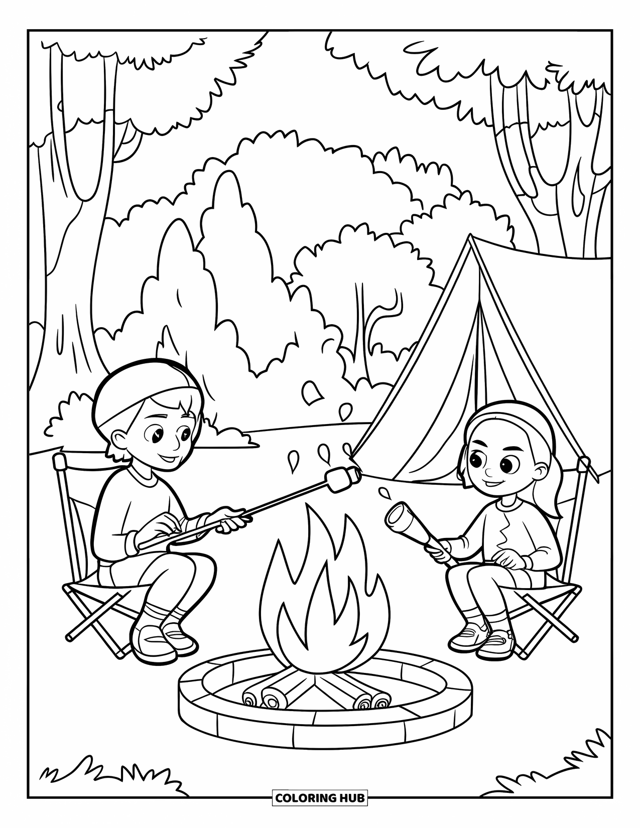 Smore Coloring Page for Kids: Two campers by the fire roasting marshmallows and talking