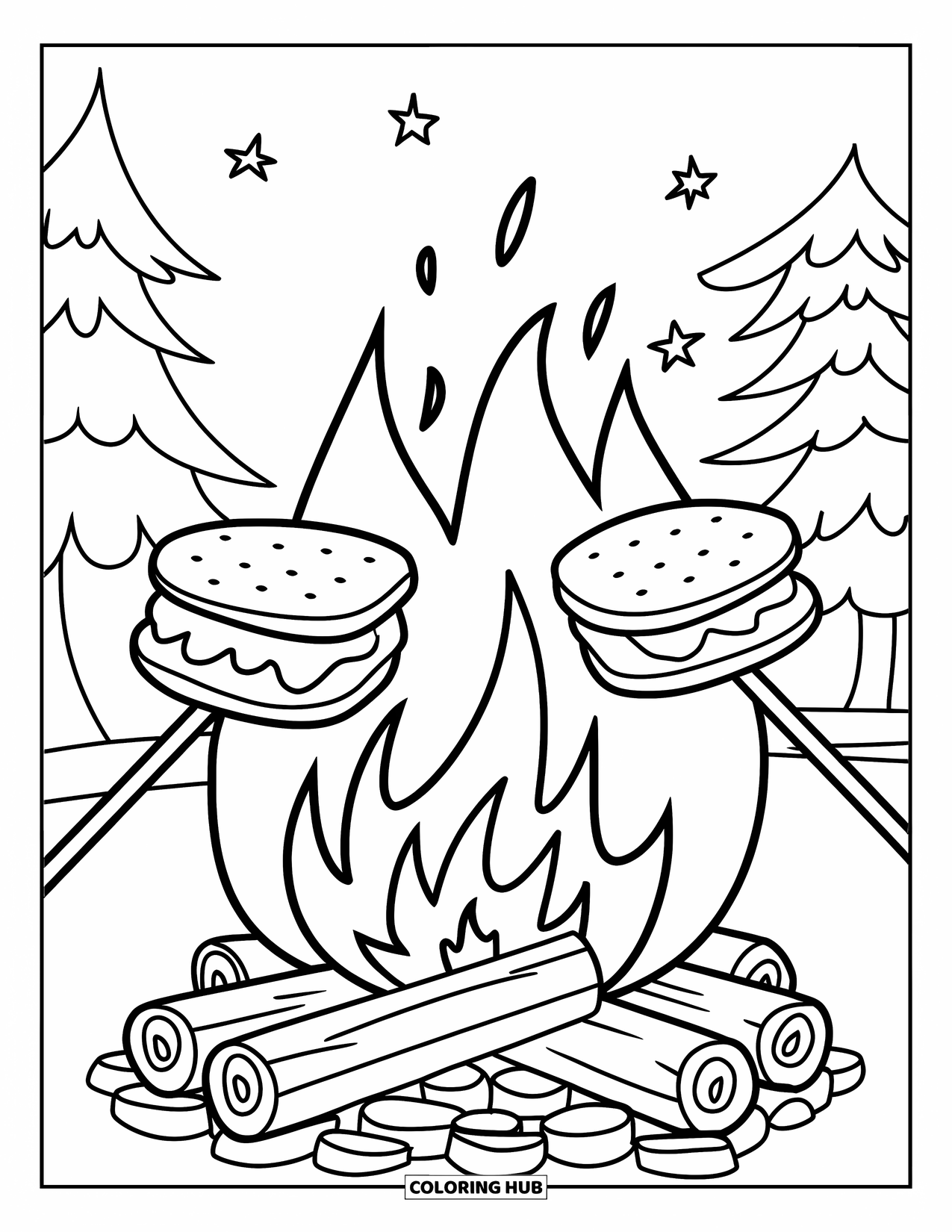 Smore Coloring Page for Kids: Two s'mores roasting over a fire under the stars