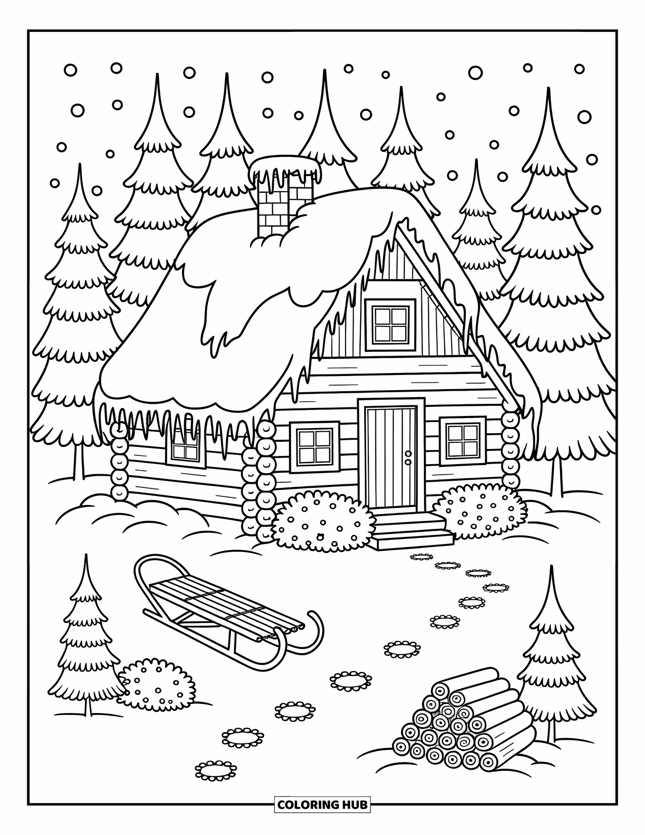Snow Coloring Page for Adults: A cabin in snowy woods with icicles, logs, and a sled outside