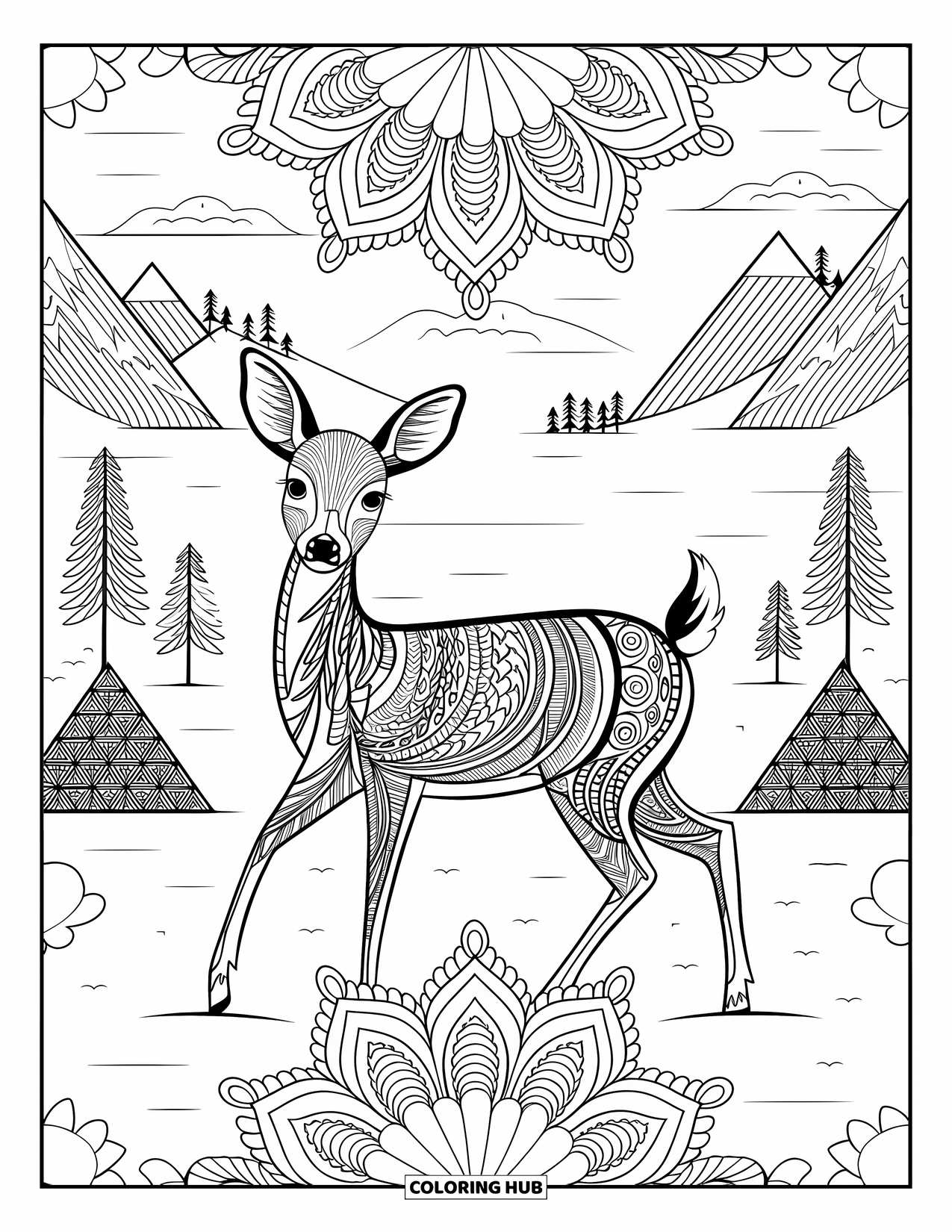 Snow Coloring Page for Adults: A deer walks through snow with mandalas and a mountain view
