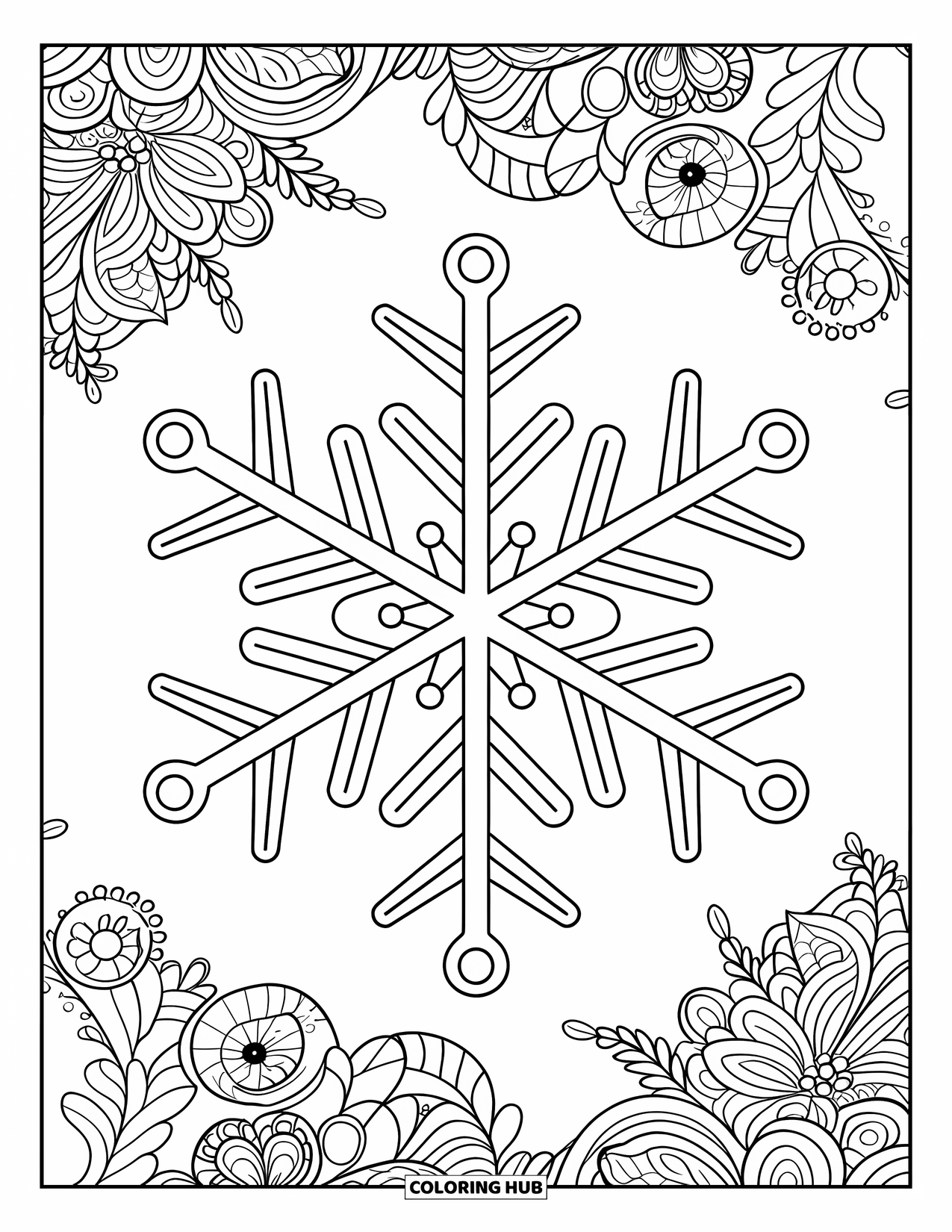 Snow Coloring Page for Adults: A detailed snowflake surrounded by botanical mandalas on white