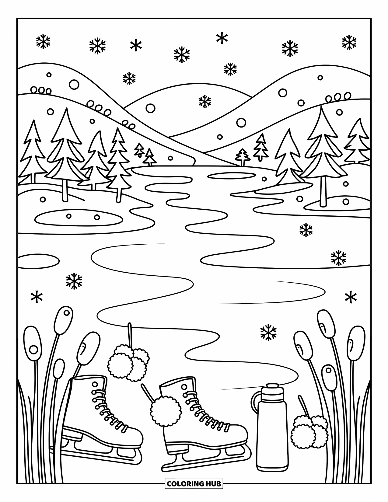 Snow Coloring Page for Adults: A frozen lake with mittens, skates, reeds, and swirling snowflakes