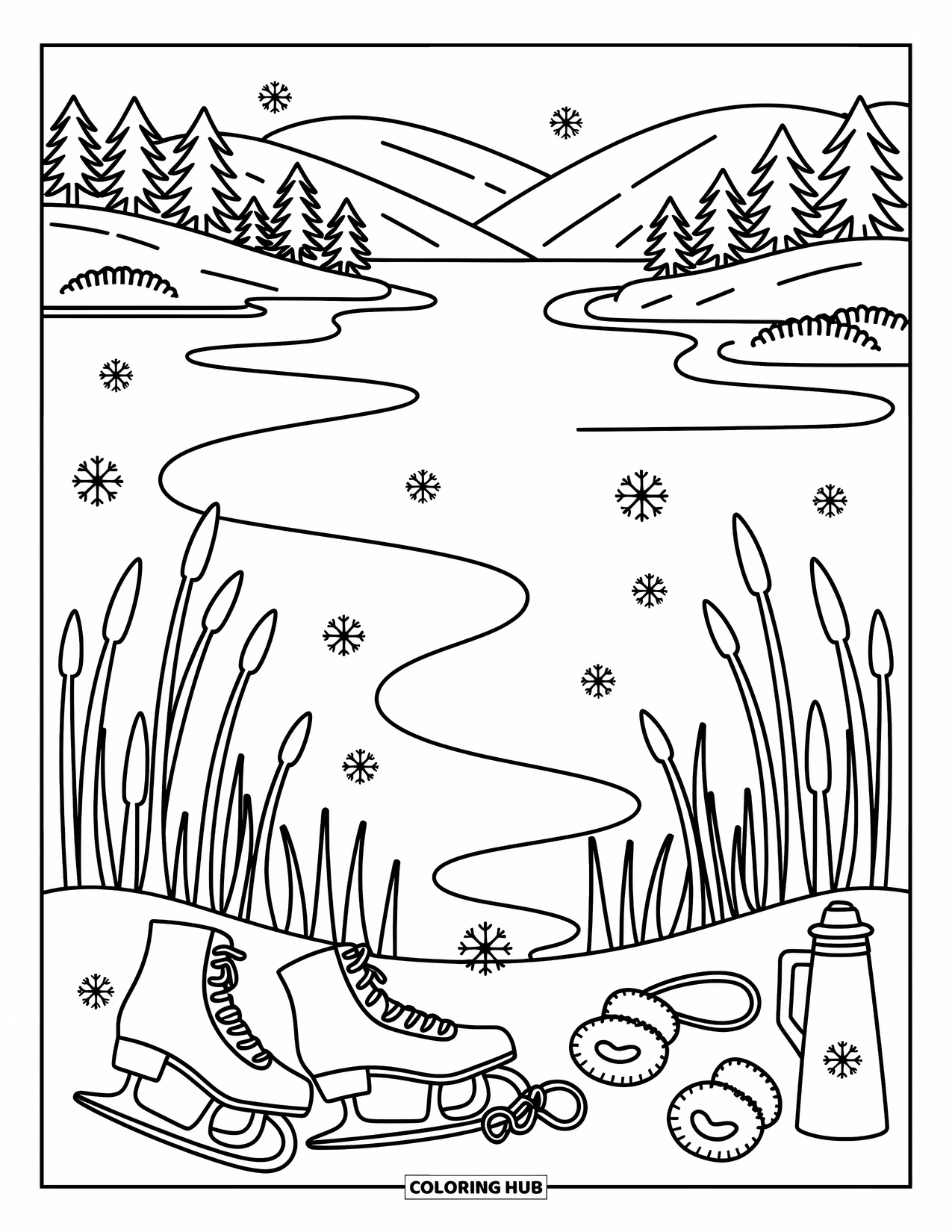 Snow Coloring Page for Adults: A frozen lake with reeds, skates, mittens, and snow swirling gently