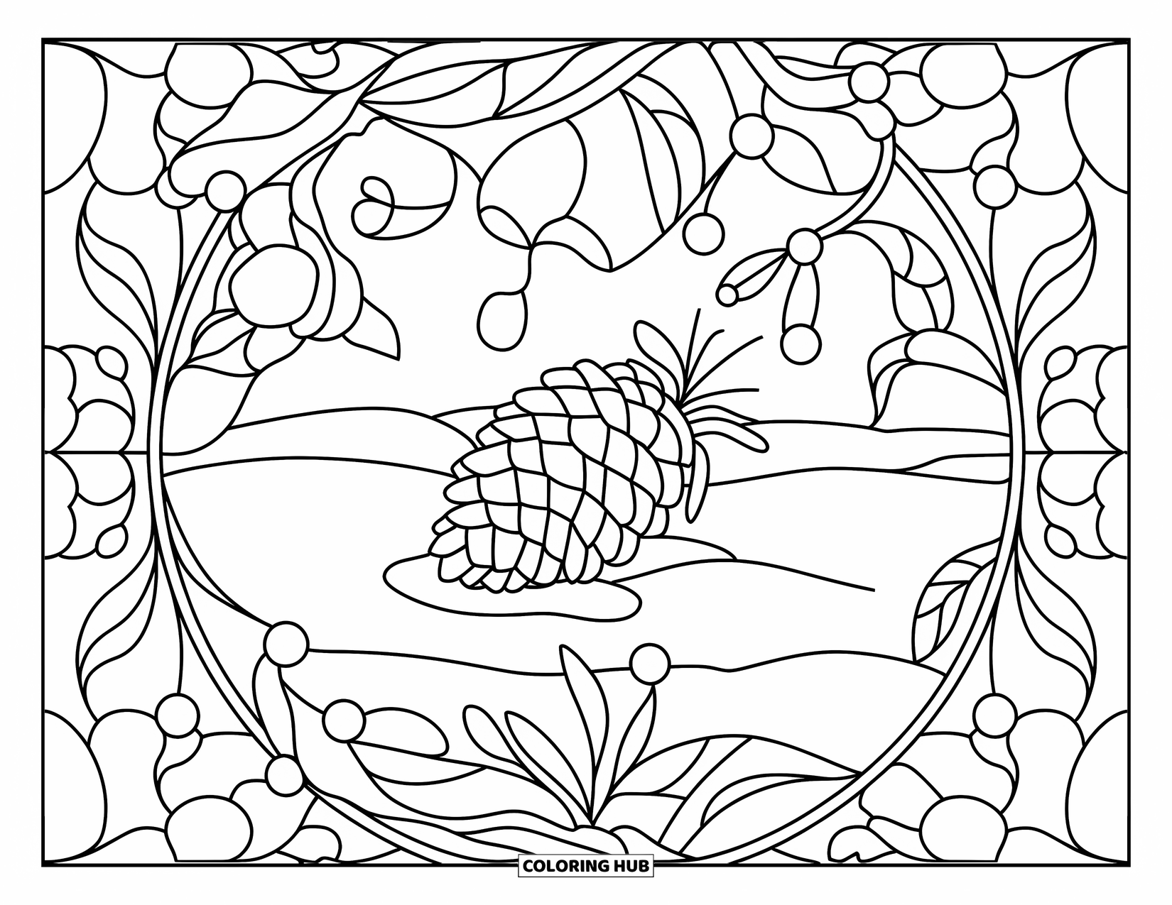 Snow Coloring Page for Adults: A pinecone in snow lies within an intricate floral stained-glass design