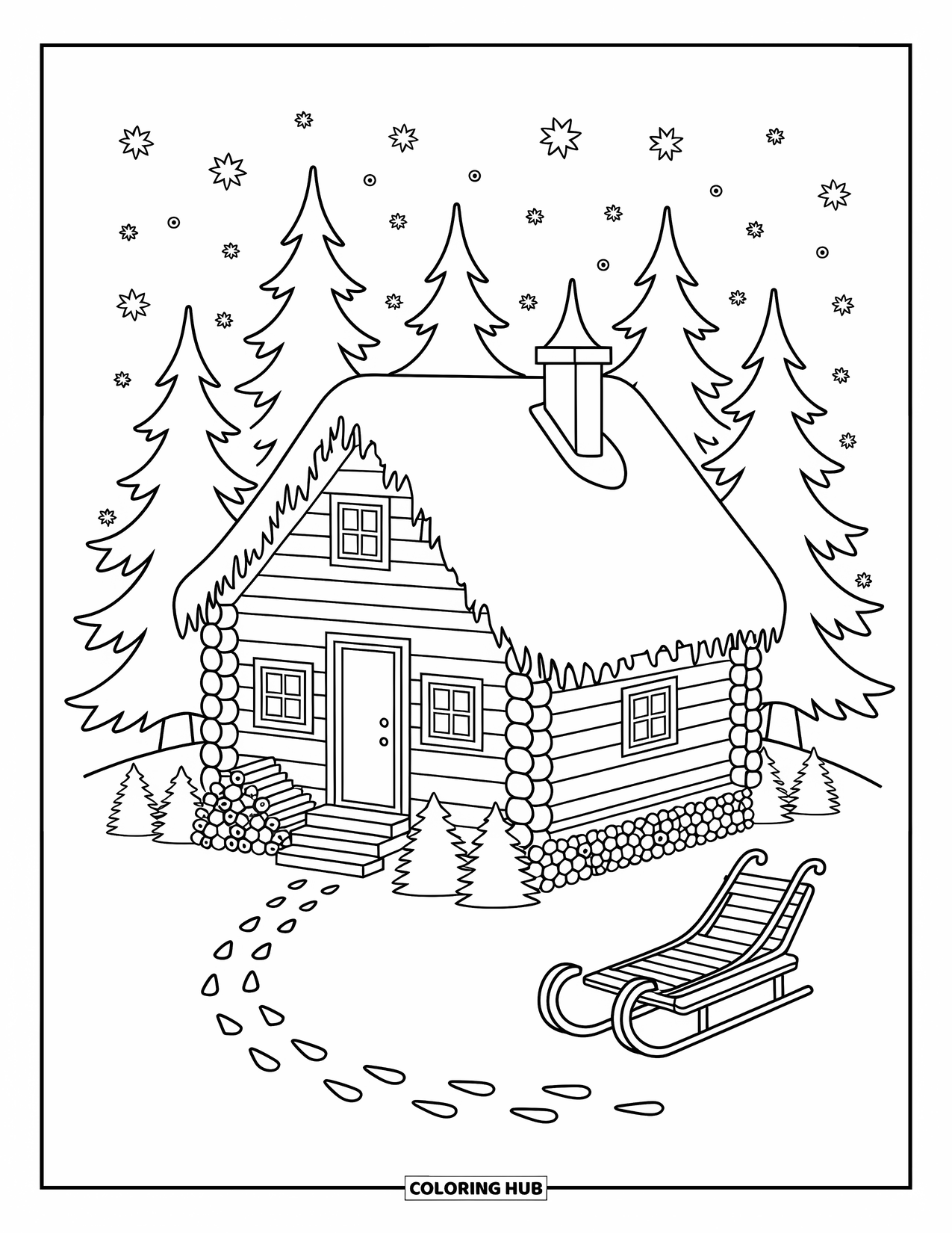 Snow Coloring Page for Adults: A rustic snowy cabin with footprints, sled, and firewood outside