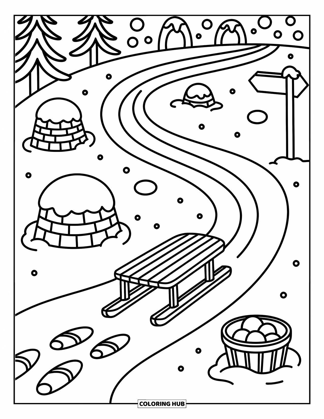 Snow Coloring Page for Adults: A sled slides down snowy tracks with forts and a wooden signpost