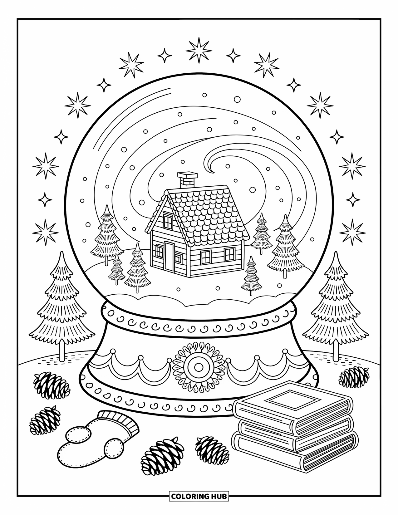 Snow Coloring Page for Adults: A snow globe with a cabin, mittens, pinecones, and swirling snow