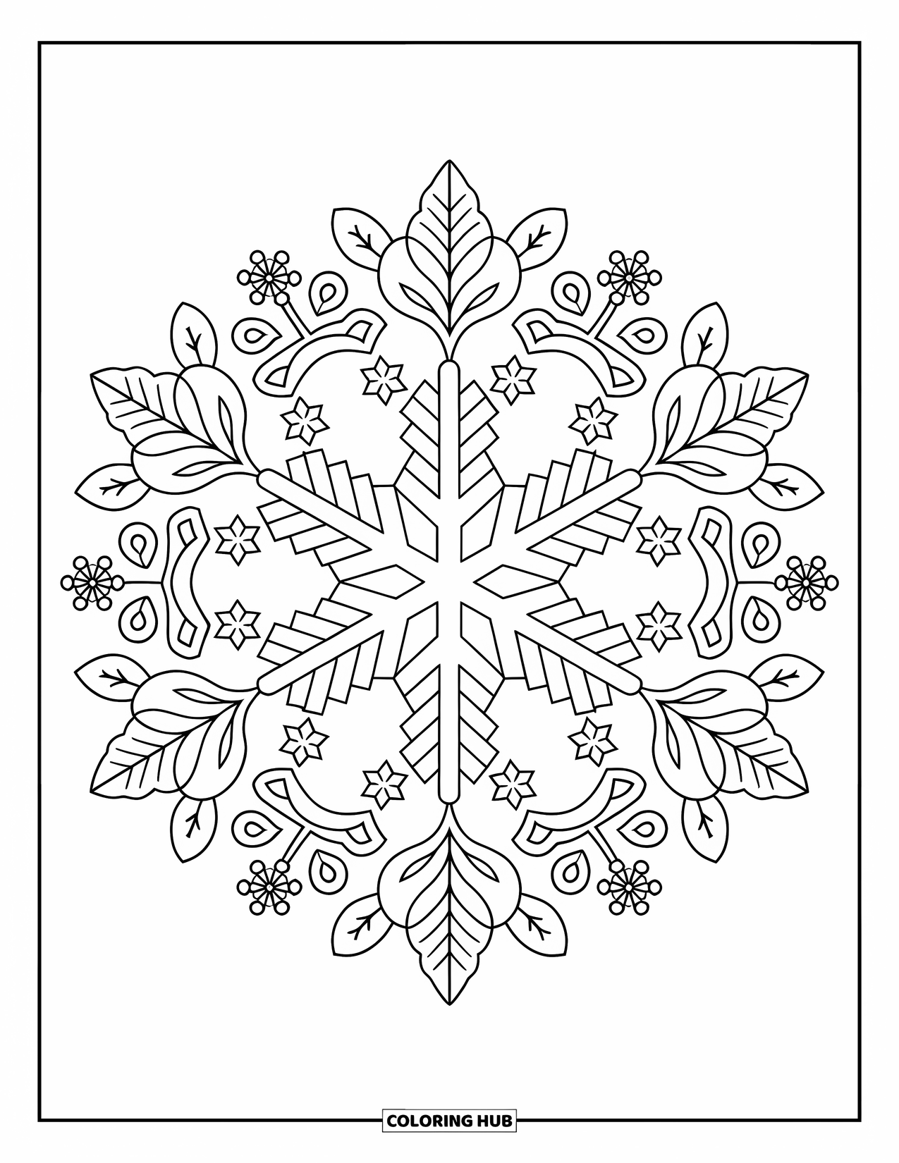 Snow Coloring Page for Adults: A snowflake with six arms framed by floral mandalas