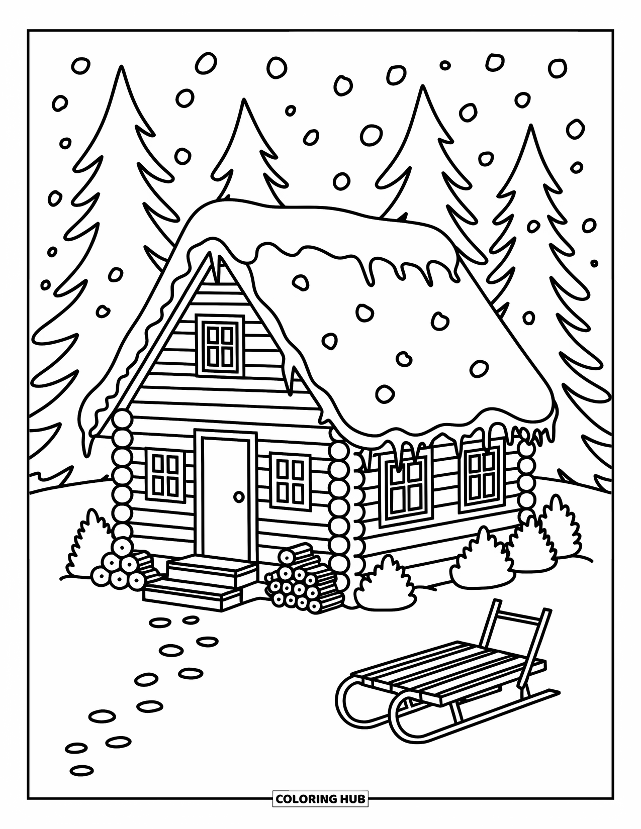 Snow Coloring Page for Adults: A snowy cabin with footprints, shrubs, and firewood stacked nearby