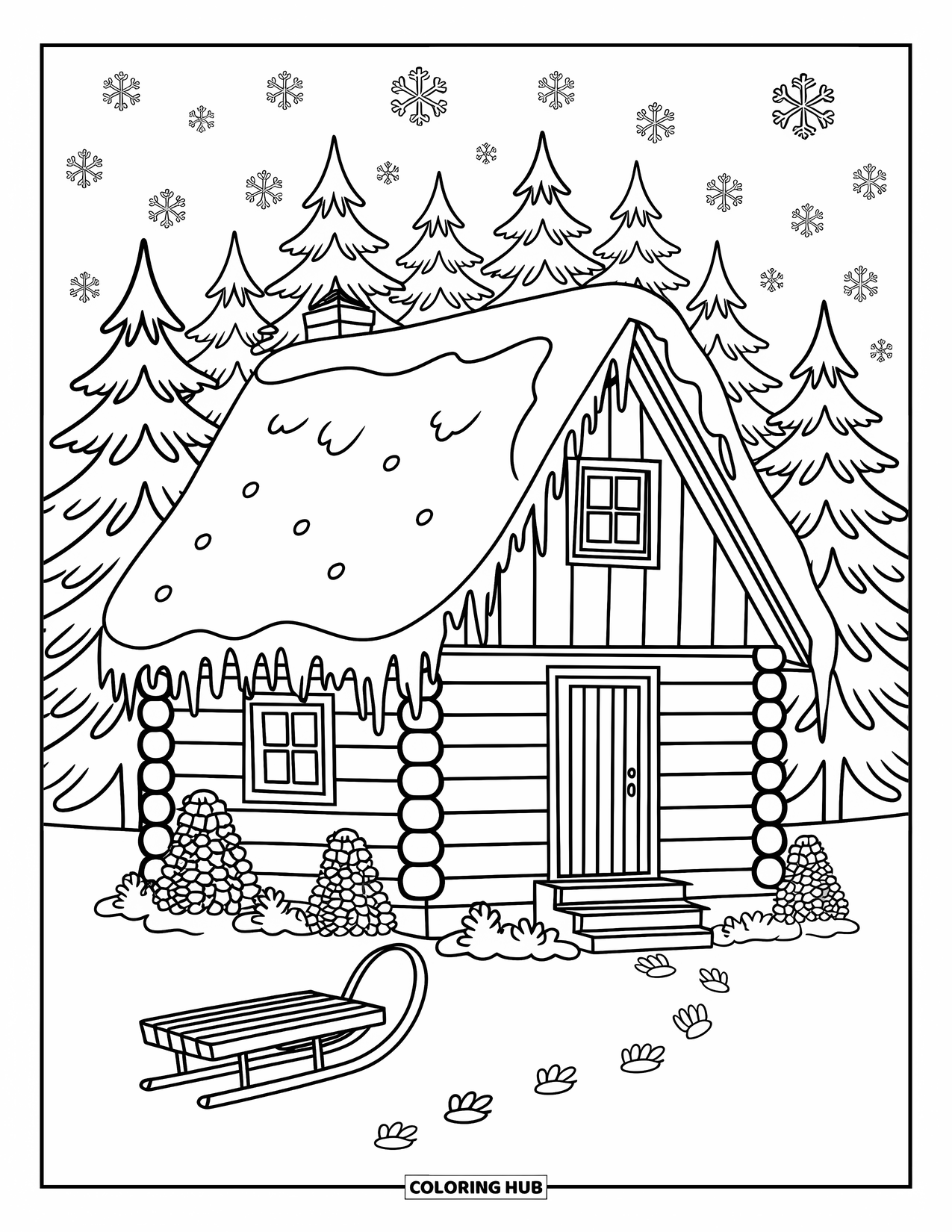 Snow Coloring Page for Adults: A snowy cabin with icicles, firewood, and a sled by the door