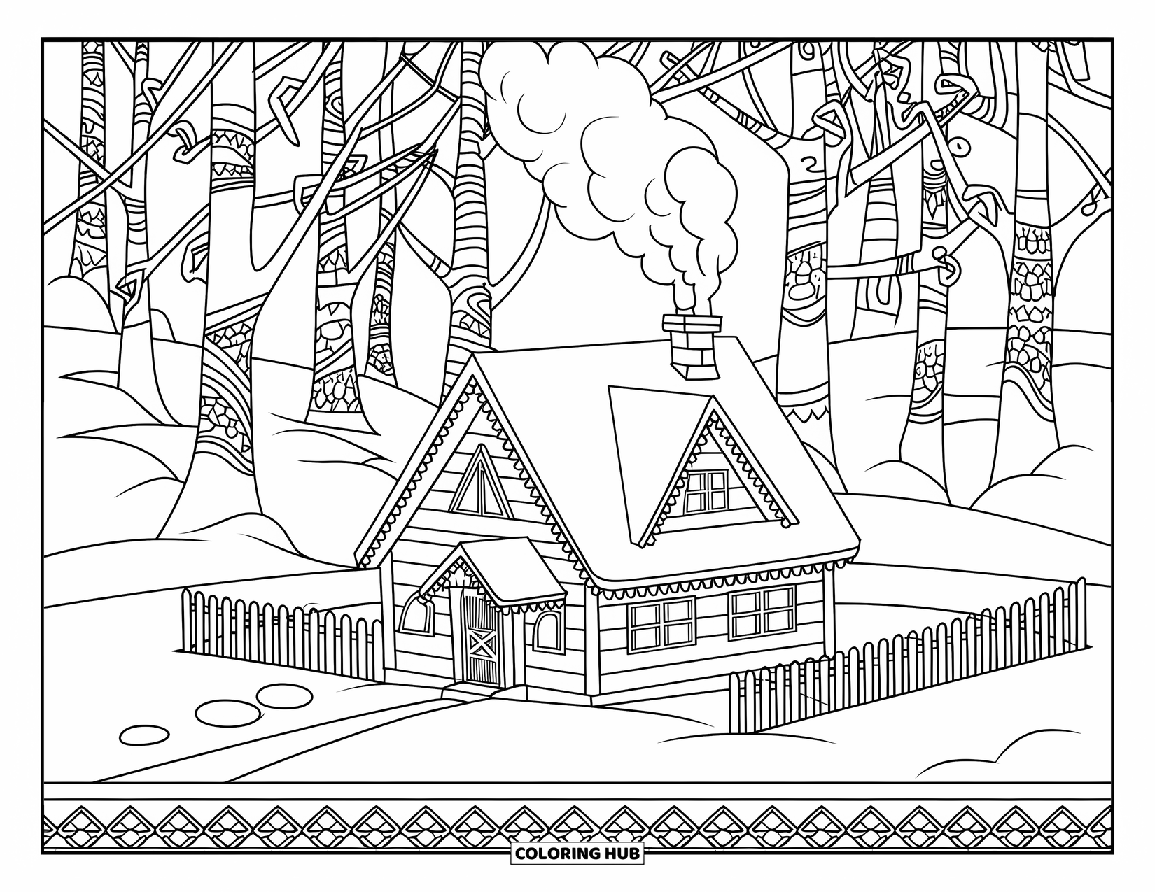 Snow Coloring Page for Adults: A snowy house with a fence, pathway, and patterned trees around it