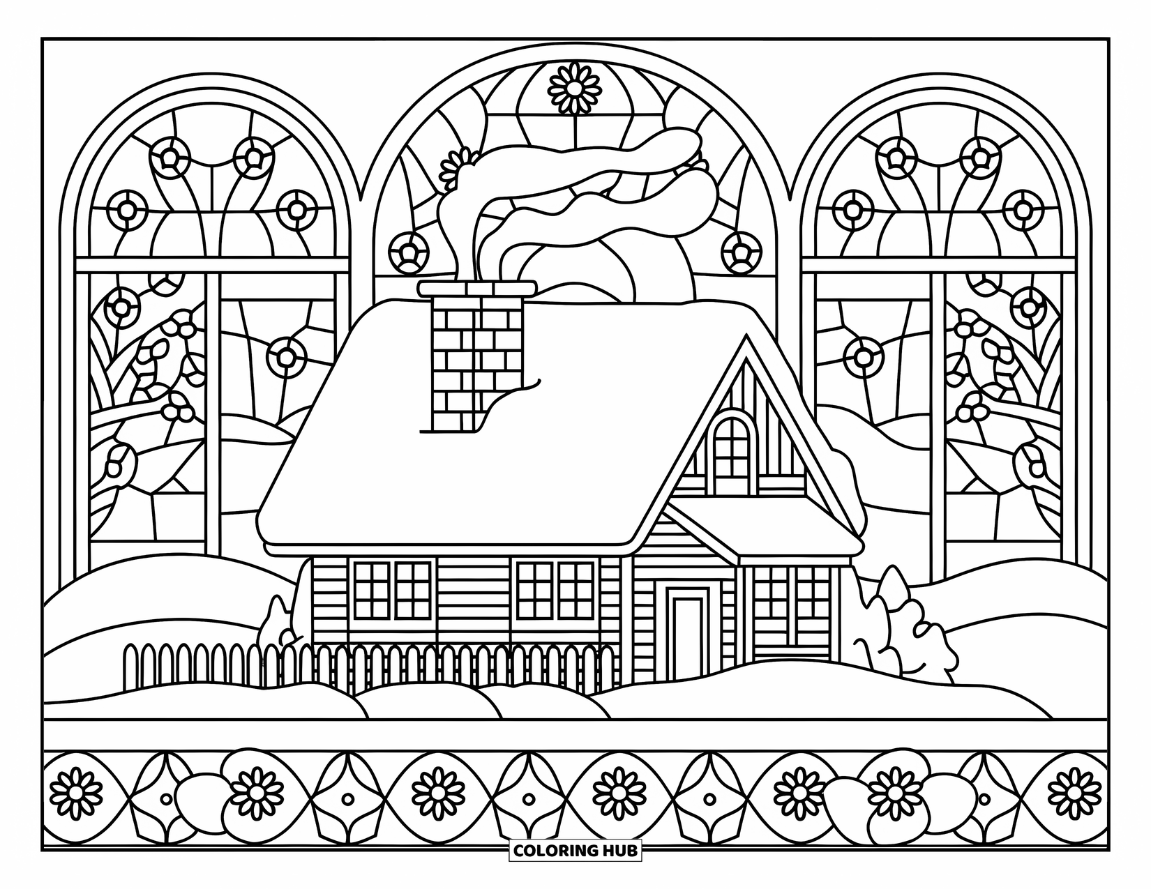 Snow Coloring Page for Adults: A snowy house with smoke rising from the chimney and floral stained glass