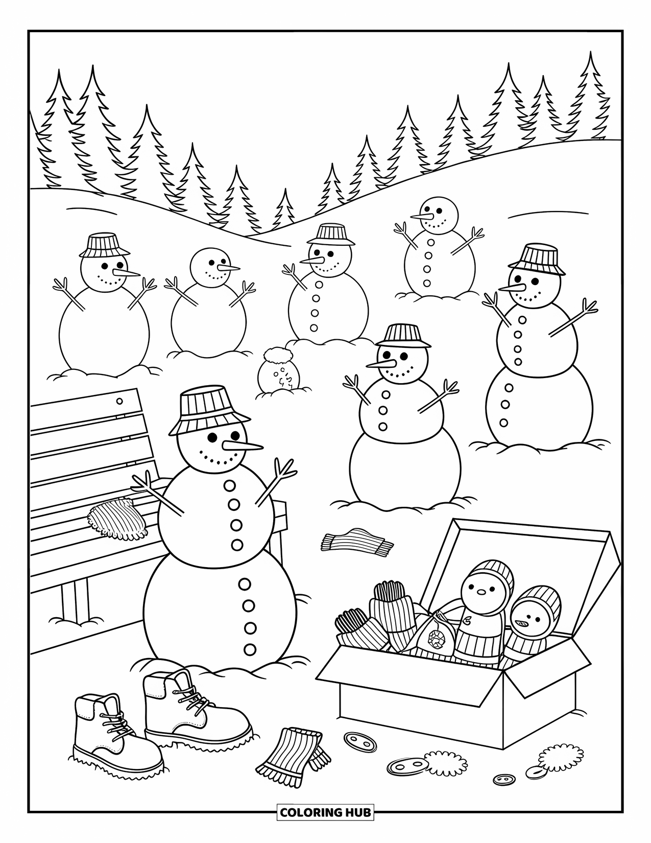 Snow Coloring Page for Adults: A snowy meadow dotted with half-built snowmen and crafting supplies
