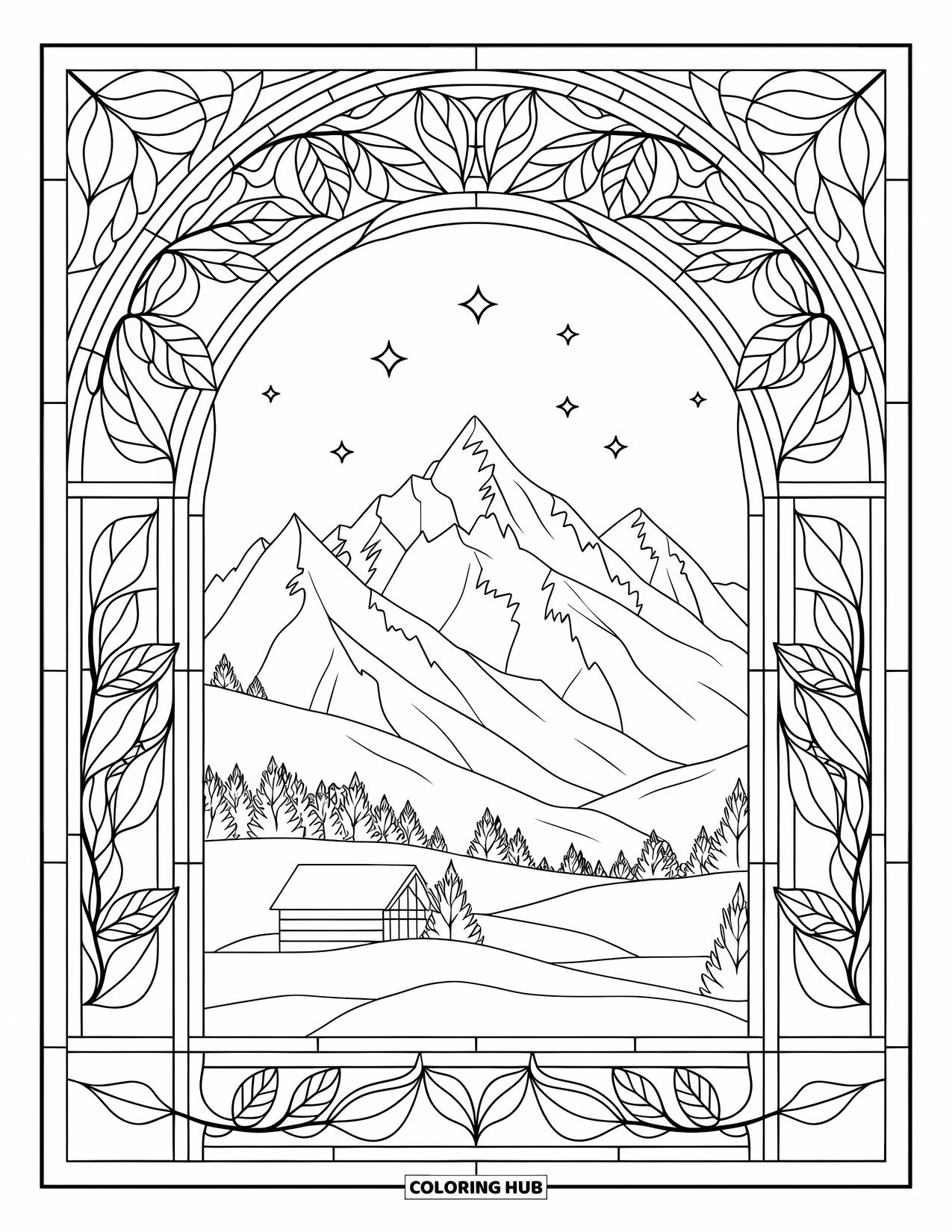 Snow Coloring Page for Adults: A snowy mountain range framed with floral stained-glass patterns