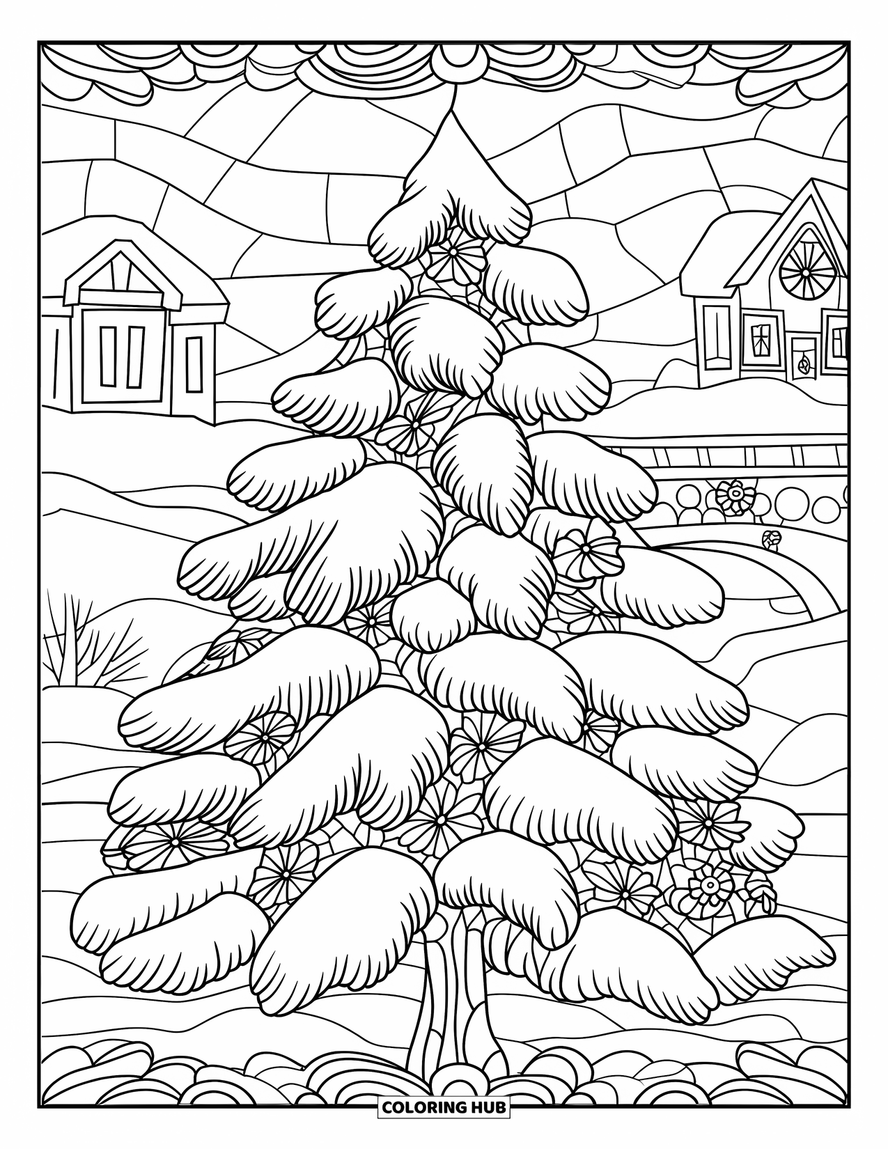 Snow Coloring Page for Adults: A snowy pine tree with stained-glass floral patterns in the background
