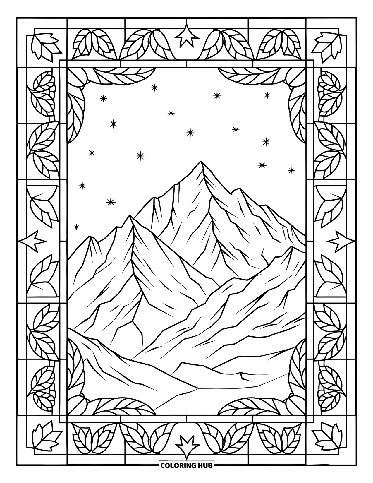 Snow Coloring Page for Adults: Snowy mountain peaks framed by floral stained-glass borders