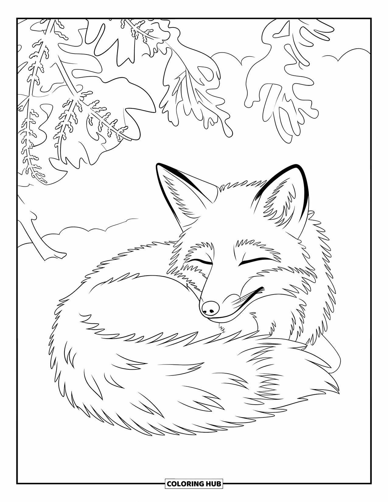 Snow Coloring Page for Kids: A fox curls up in the snow beside winter branches