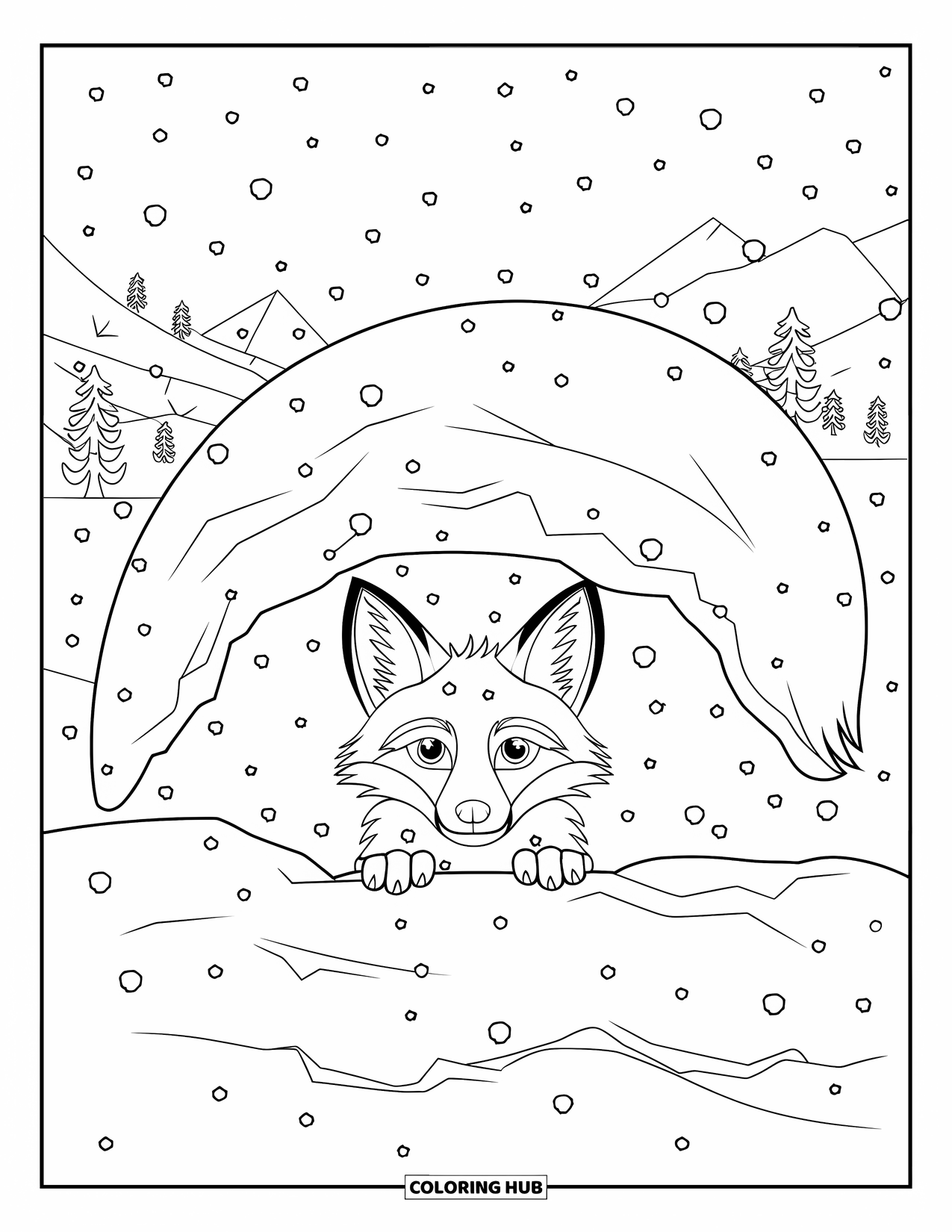 Snow Coloring Page for Kids: A fox peers from a snowbank with mountains behind