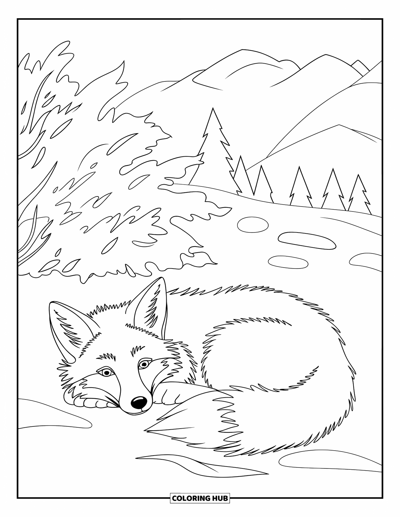 Snow Coloring Page for Kids: A fox rests in the snow with mountains behind
