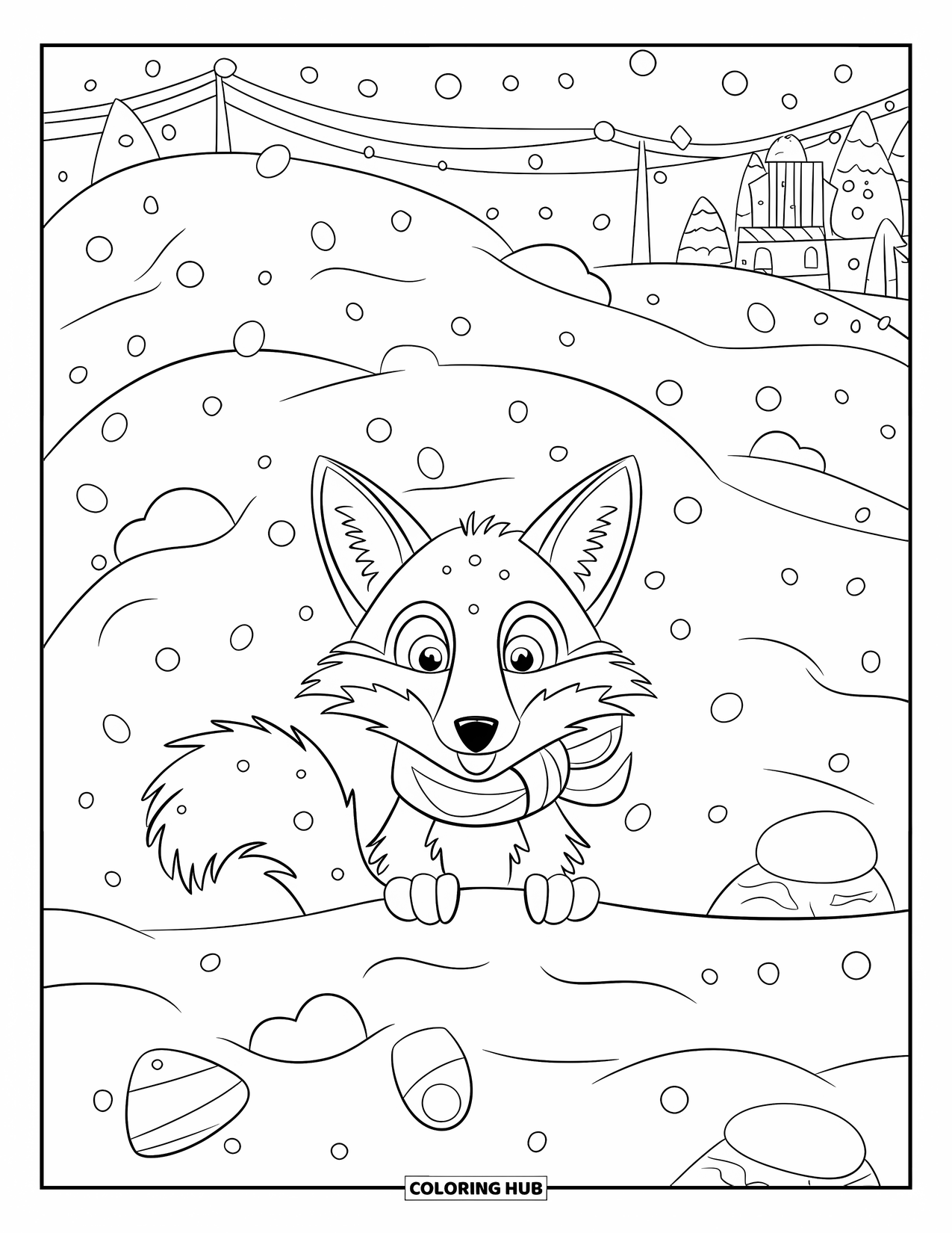 Snow Coloring Page for Kids: A fox with a scarf peeks from a snowy bank