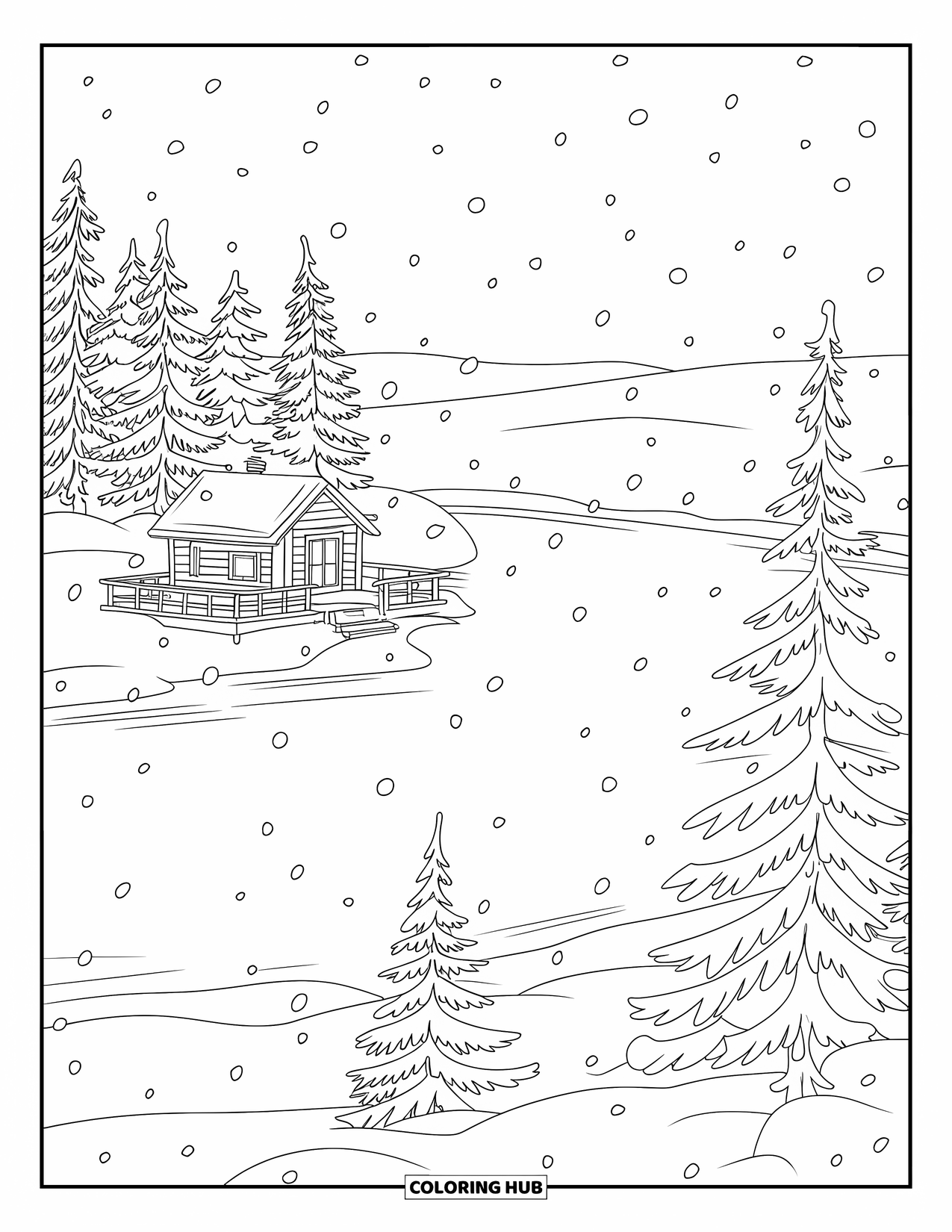 Snow Coloring Page for Kids: A frozen lake with tall trees and a small cabin
