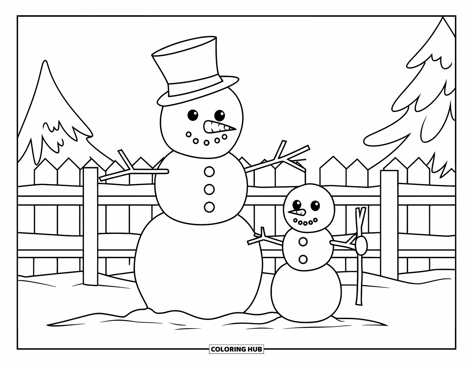 Snow Coloring Page for Kids: A parent and child snowman hold hands by a snowy fence
