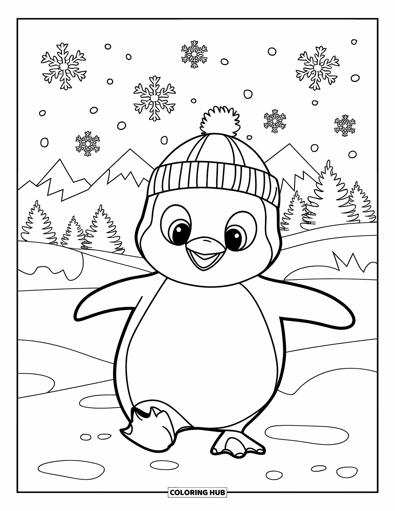 Snow Coloring Page for Kids: A penguin waddles in snow with mountains behind