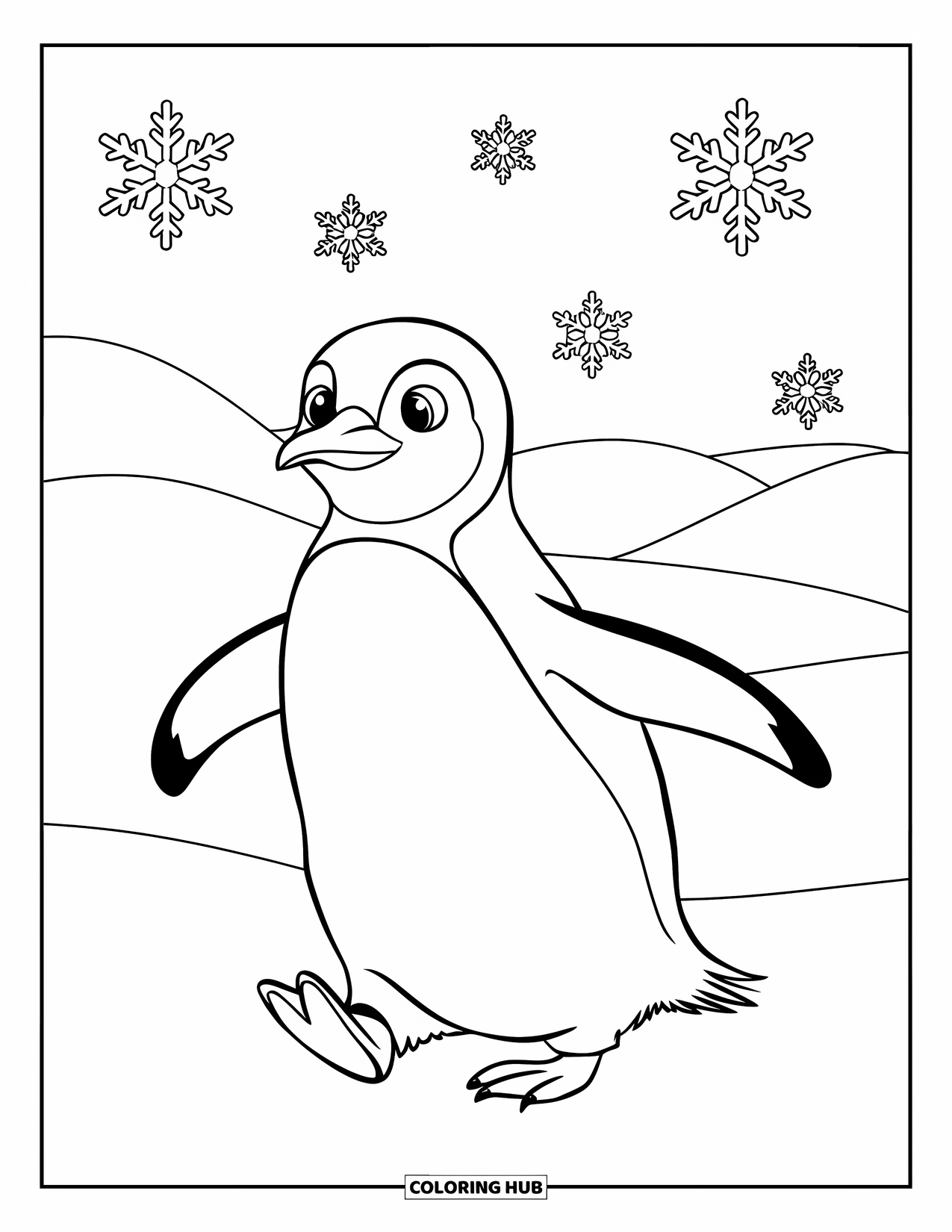 Snow Coloring Page for Kids: A penguin waddles in the snow with snowflakes above