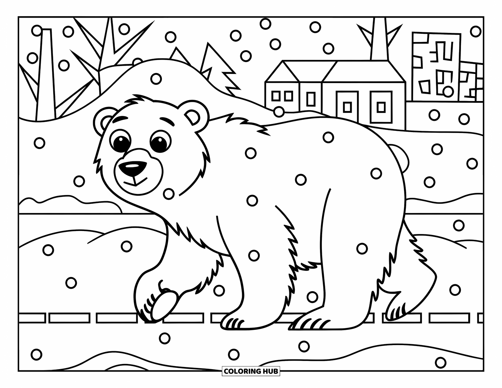 Snow Coloring Page for Kids: A playful polar bear walks on snowy ground
