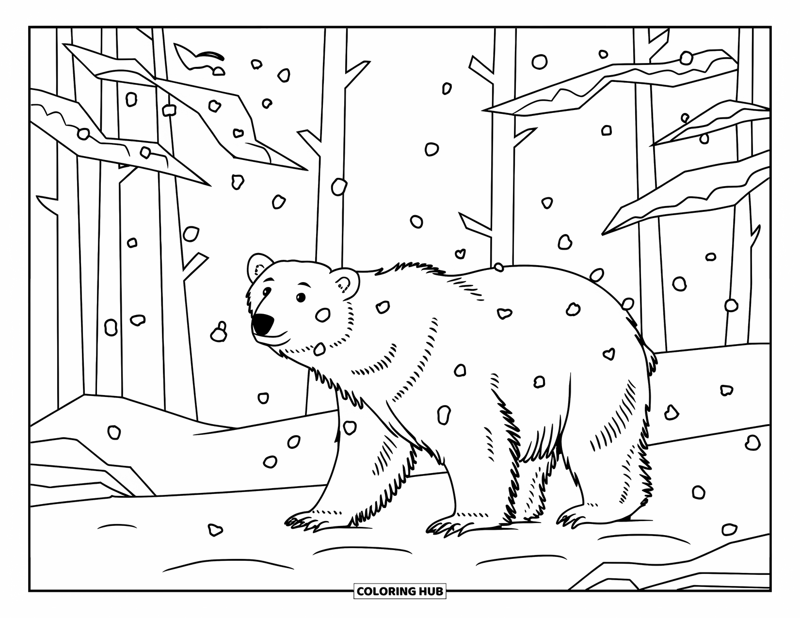 Snow Coloring Page for Kids: A polar bear walks on a snowy forest path