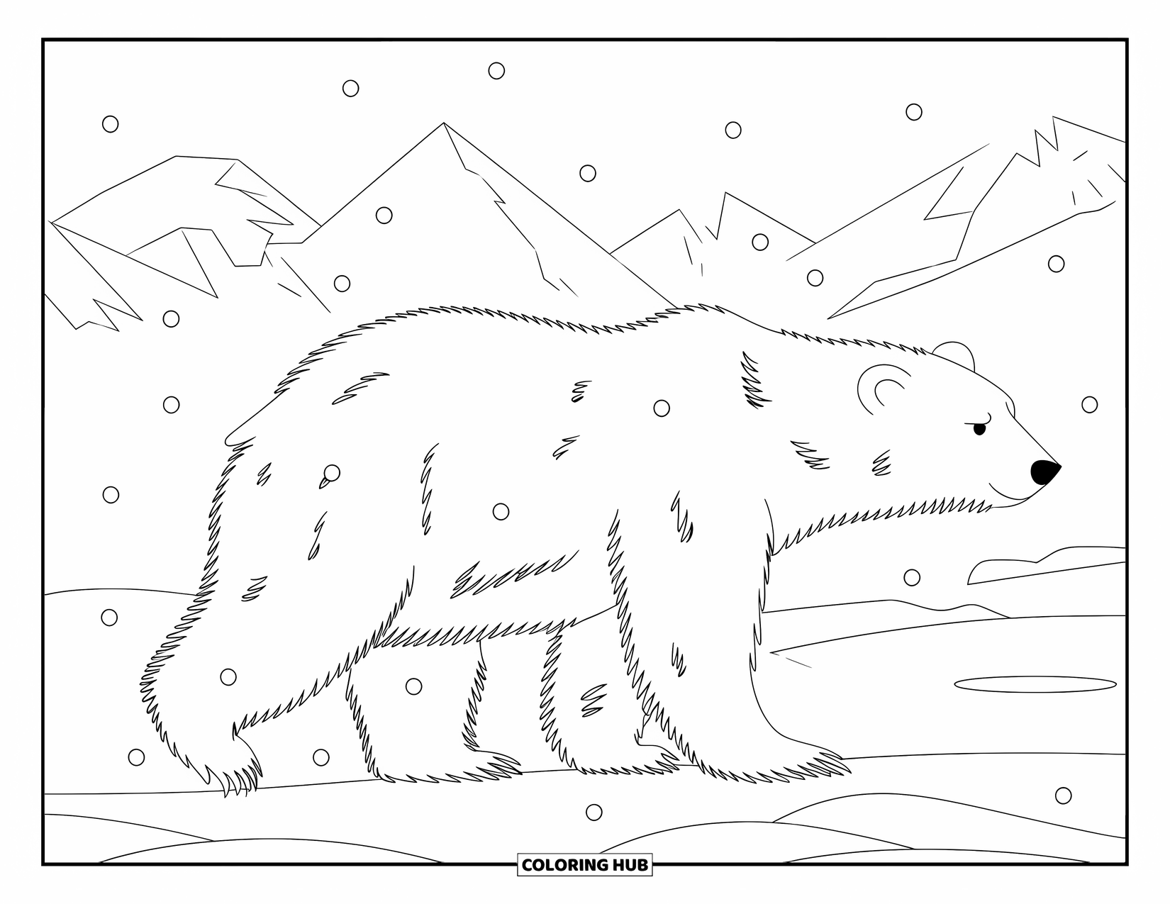 Snow Coloring Page for Kids: A polar bear walks on snow with mountains behind