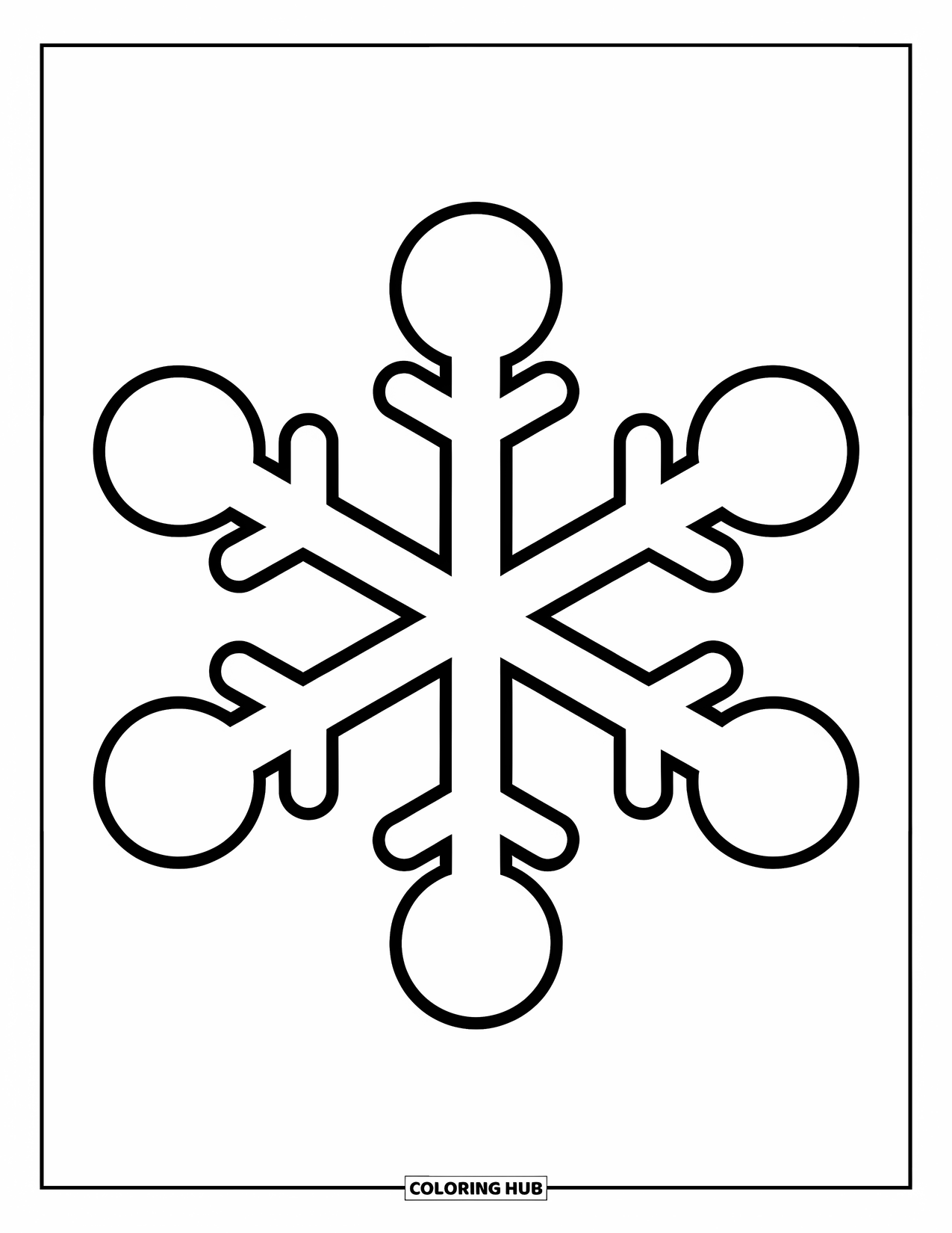 Snow Coloring Page for Kids: A round snowflake with patterns falls in the snow