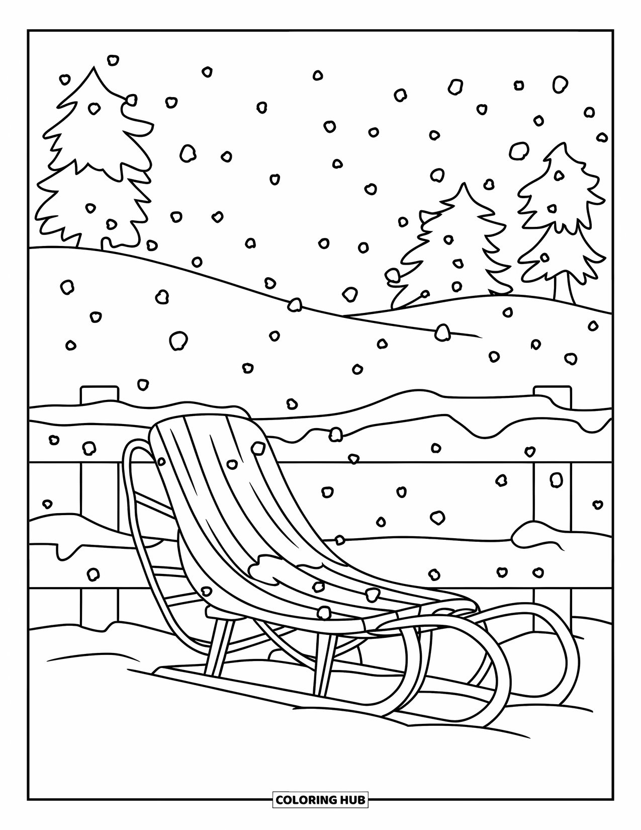 Snow Coloring Page for Kids: A sled leans on a snowy fence as snow falls