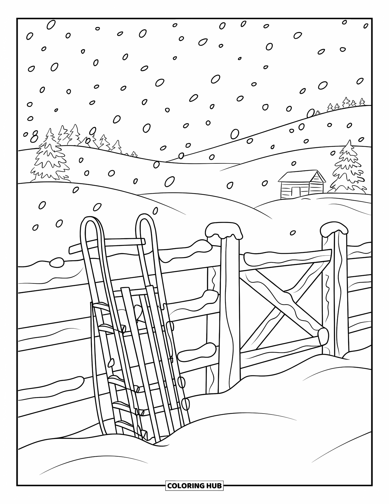 Snow Coloring Page for Kids: A sled leans on a snowy fence near a cabin
