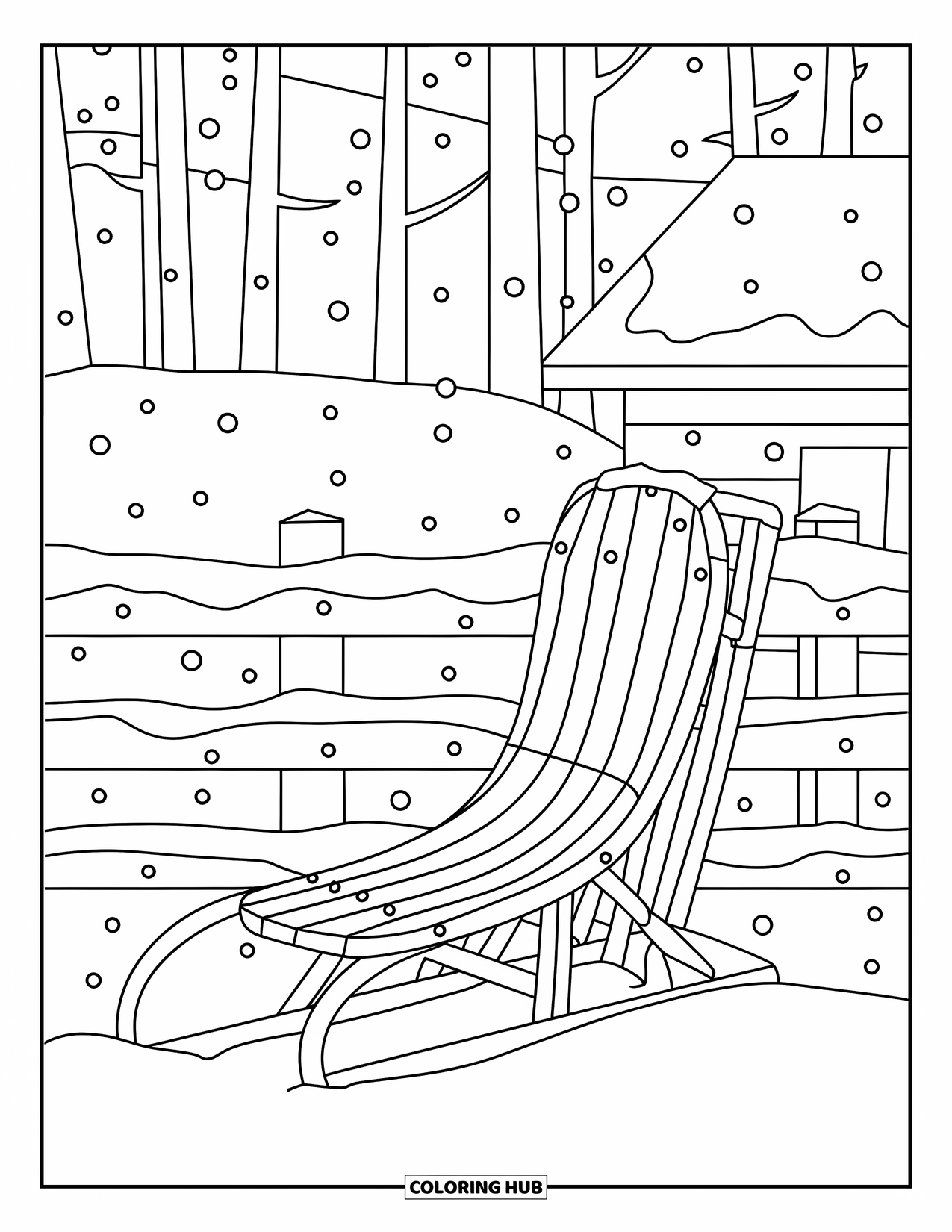 Snow Coloring Page for Kids: A sled rests on a snowy fence with tall trees