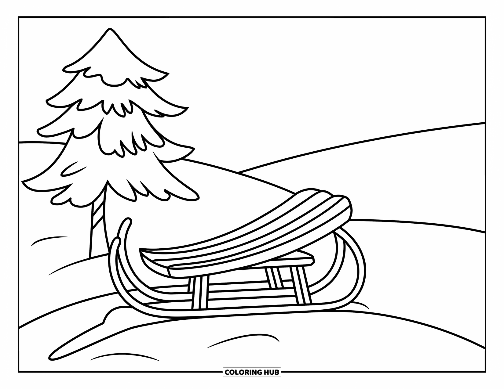 Snow Coloring Page for Kids: A sled rests on top of a small snowy hill