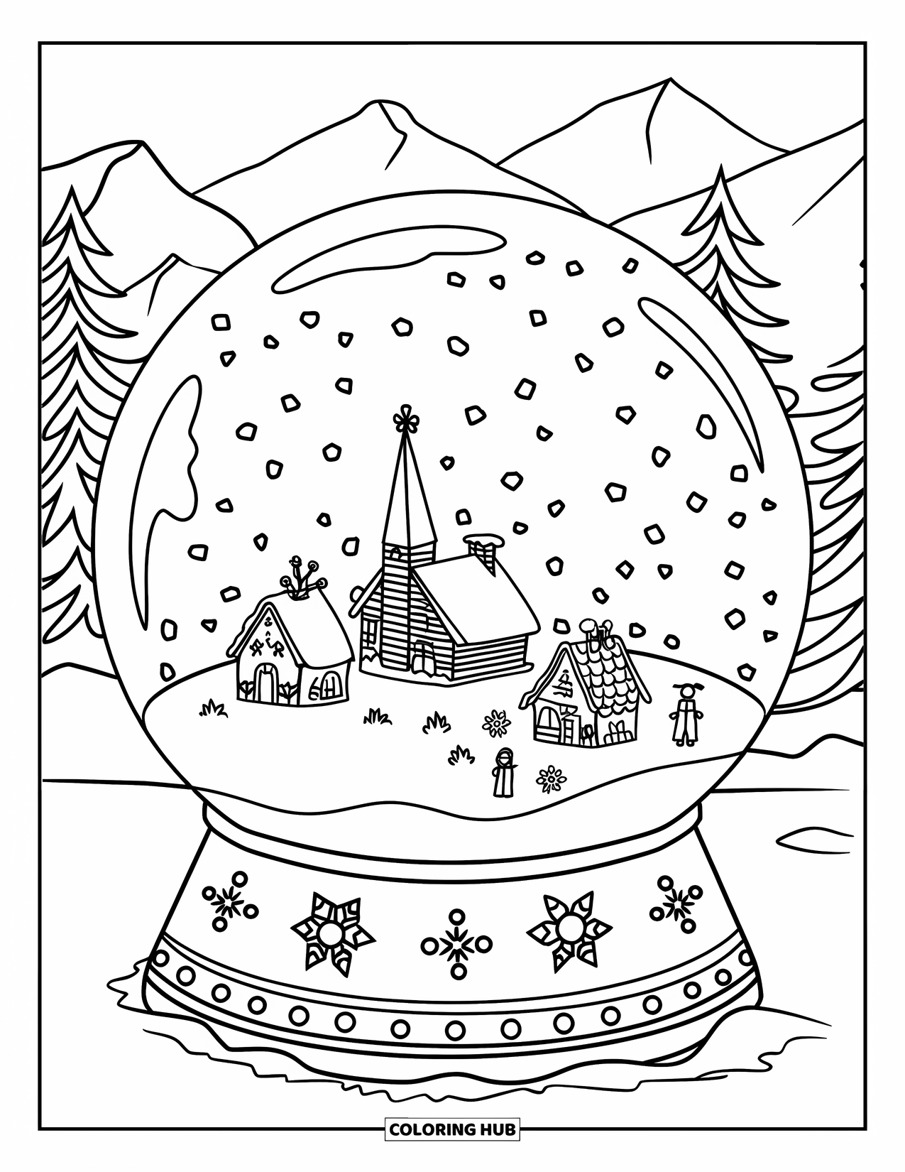 Snow Coloring Page for Kids: A snow globe holds a tiny snowy village with houses