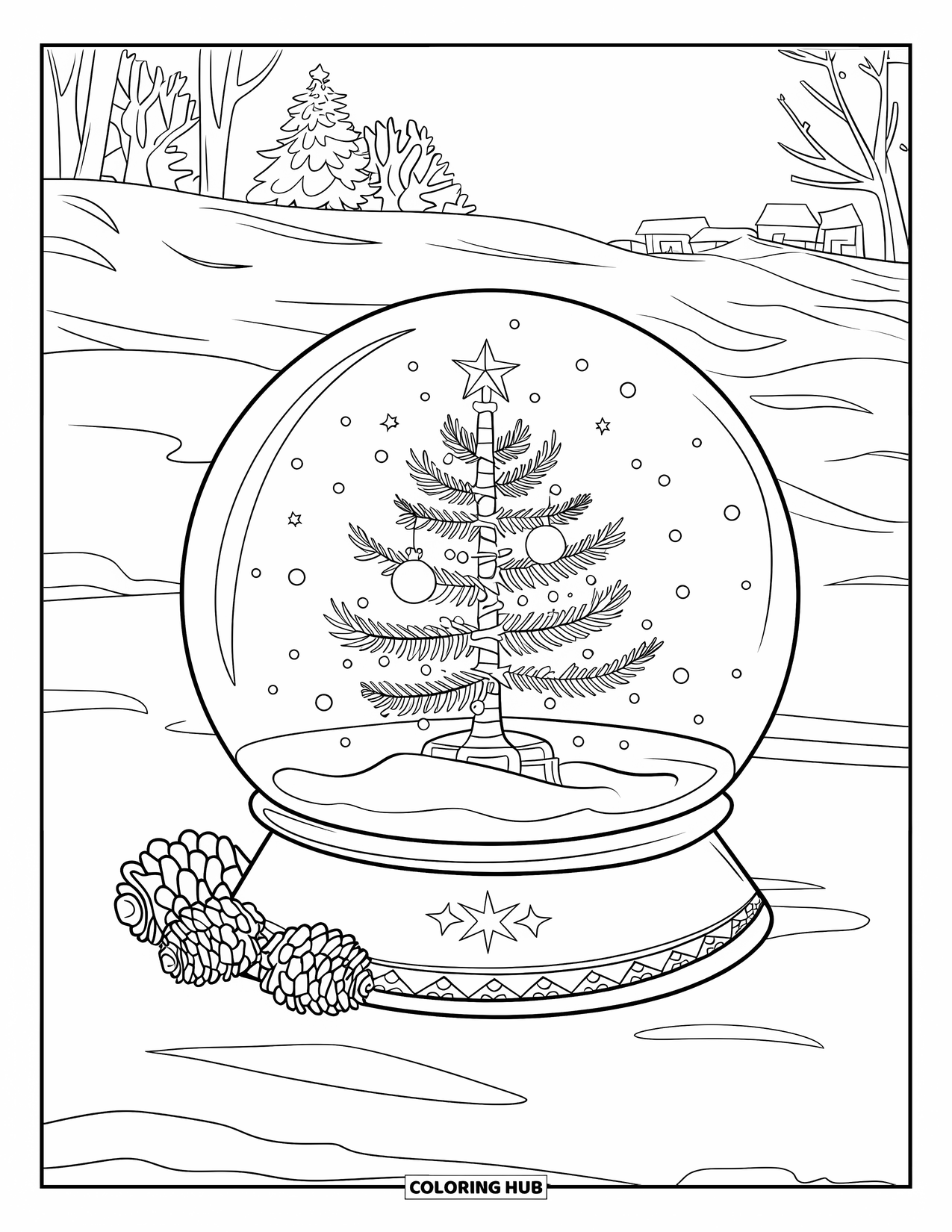 Snow Coloring Page for Kids: A snow globe with a decorated tree sits on snow