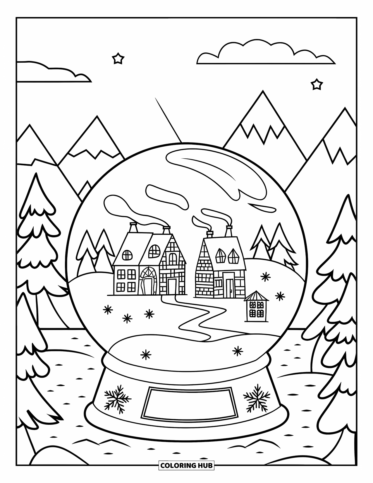 Snow Coloring Page for Kids: A snow globe with a snowy village under a starry sky