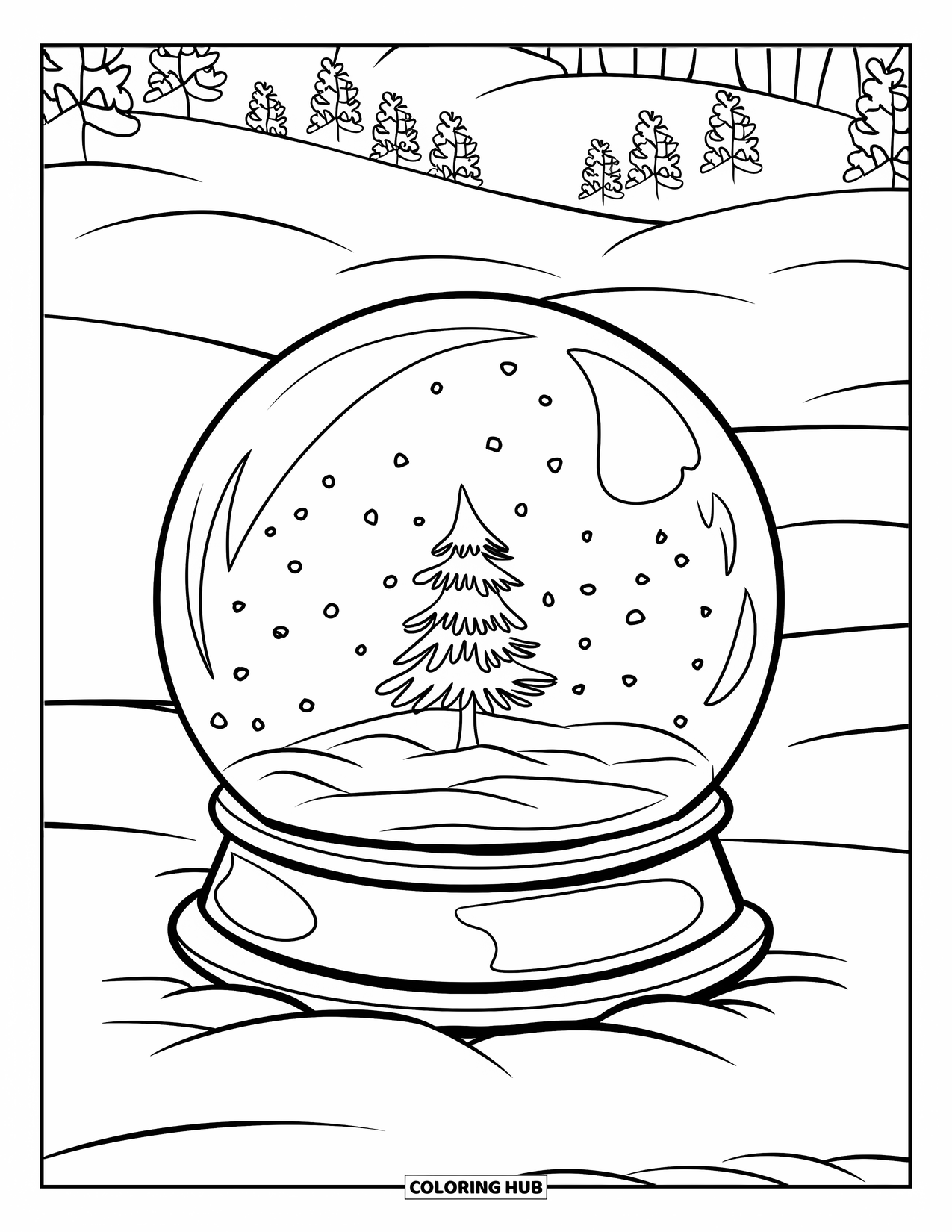 Snow Coloring Page for Kids: A snow globe with a tree sits on a snowy plate