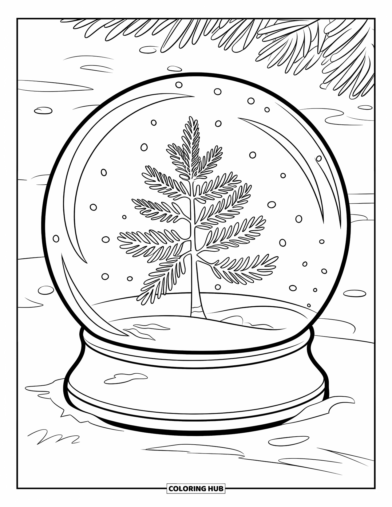 Snow Coloring Page for Kids: A snow globe with a tree stands in a snowy field